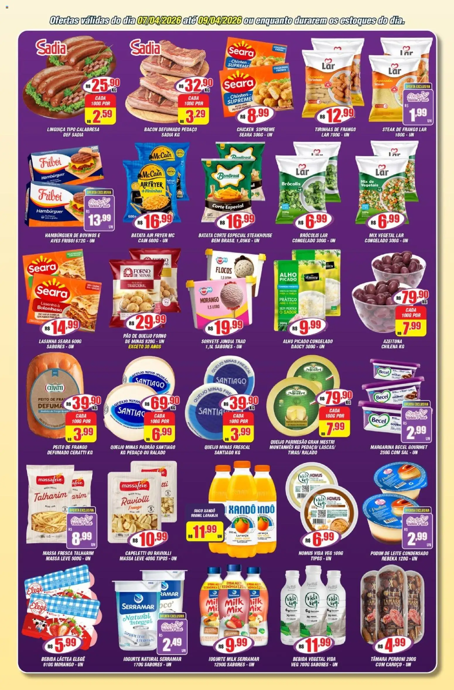 Violeta Supermercados Folheto - válido de 07.04.2026 | Página: 2 | Produtos: Linguiça, Sorvete, Brócolis, Peito de frango