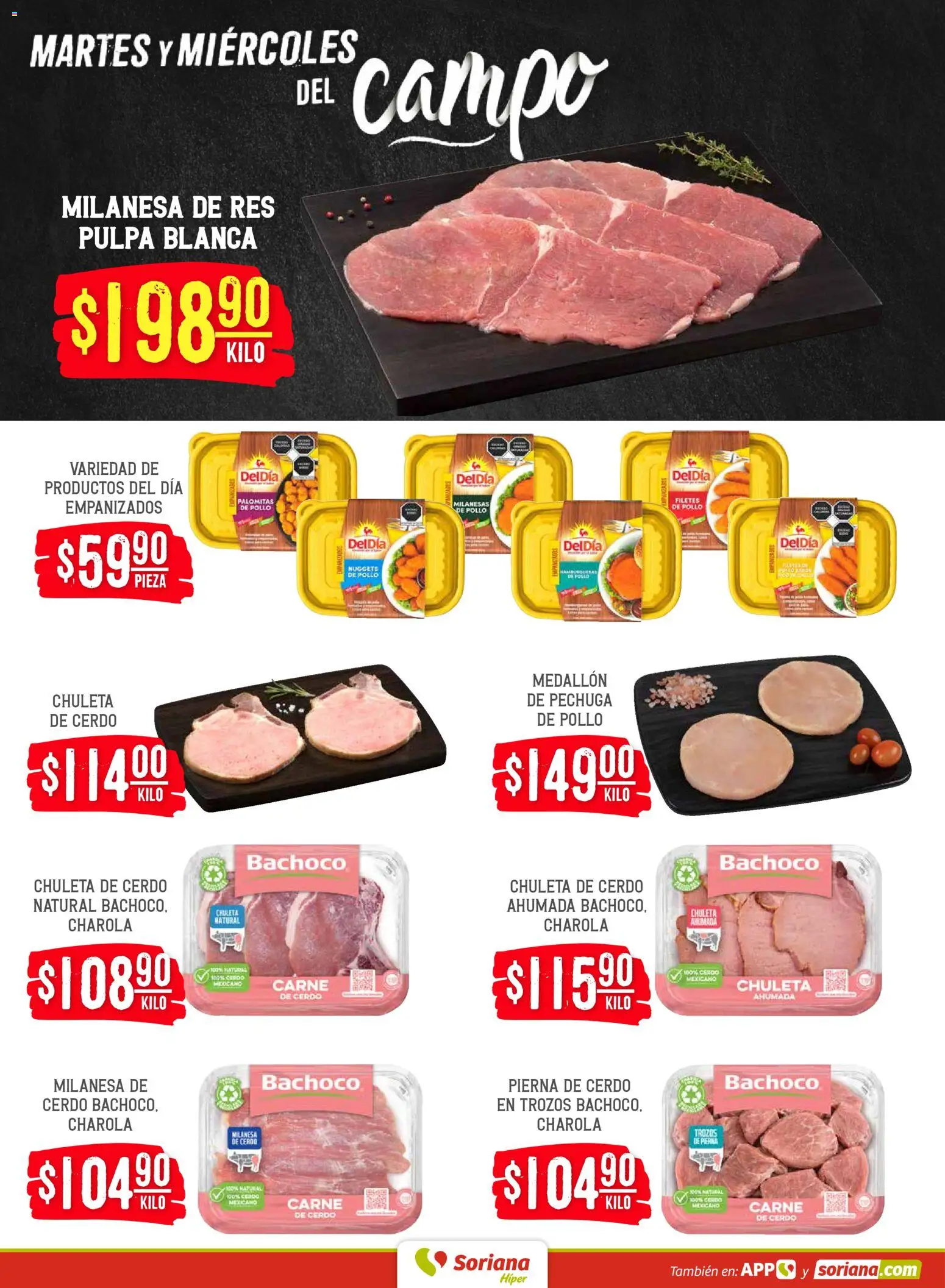 Nuevas ofertas de Soriana válidas en toda la República Mexicana desde el 28.04.2026. ¡Encuentra las mejores ofertas en Soriana Martes y Miércoles del Campo Híper: Ags, Nay, Jal, Qro, Col, Mich, Gto, Hgo, Tlax, Mor, Pue, Gro, Oax, Edo. de Mex, Vall! | Página: 4 | Productos: Pollo, Milanesa, Cerdo, Res