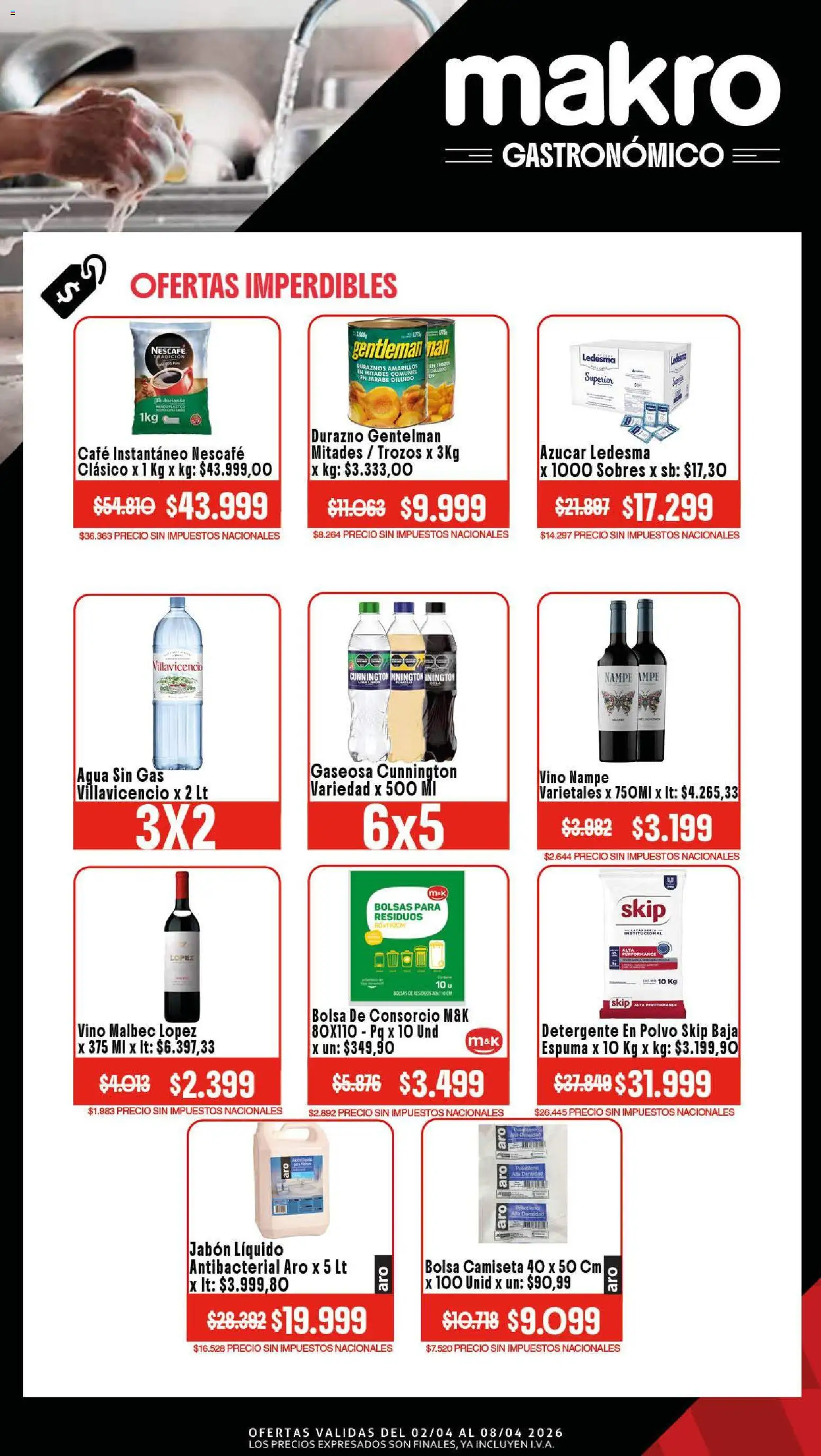 Makro Ofertas Gastronómico │ válido desde el 02.04.2026 | Página: 4 | Productos: Bolsa, Durazno, Agua, Café