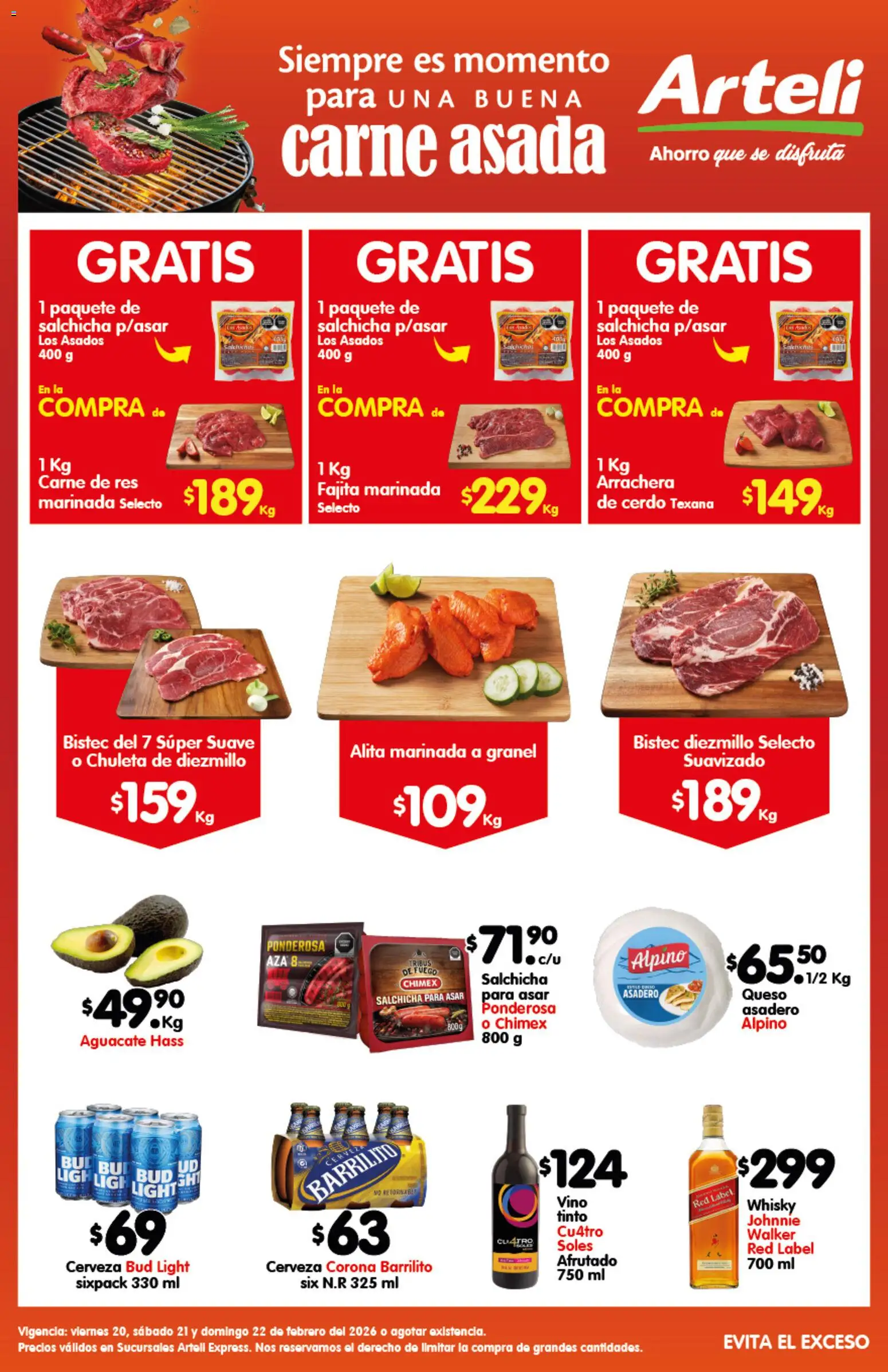 Nuevas ofertas de Arteli válidas en toda la República Mexicana desde el 20.02.2026. ¡Encuentra las mejores ofertas en Arteli folleto Carnes Suc. Express! | Página: 1 | Productos: Salchicha, Aguacate, Cerveza, Vino