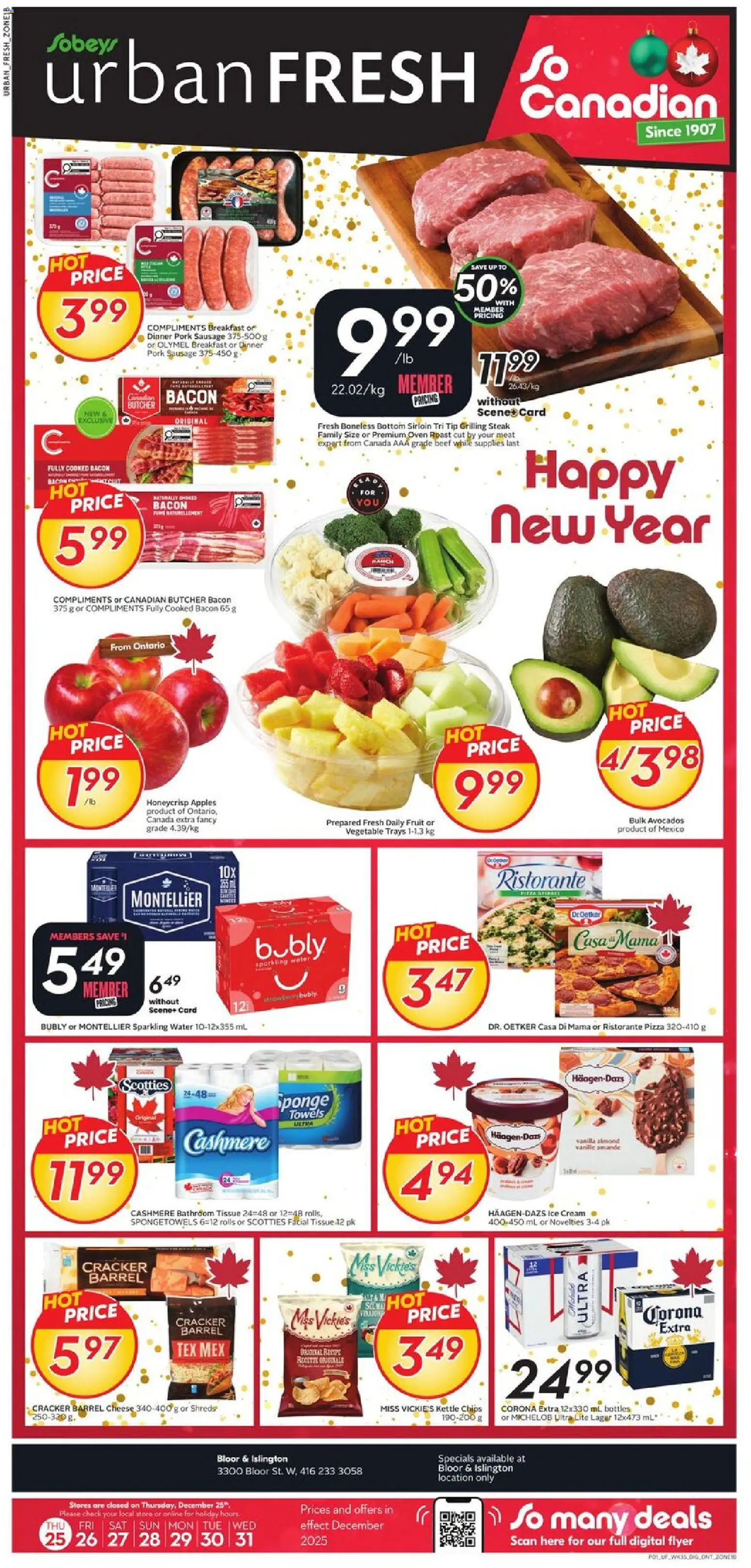 Sobeys flyer valid from 25.12.2025 | Page: 1 | Products: Chips, Pizza, Pork, Apples