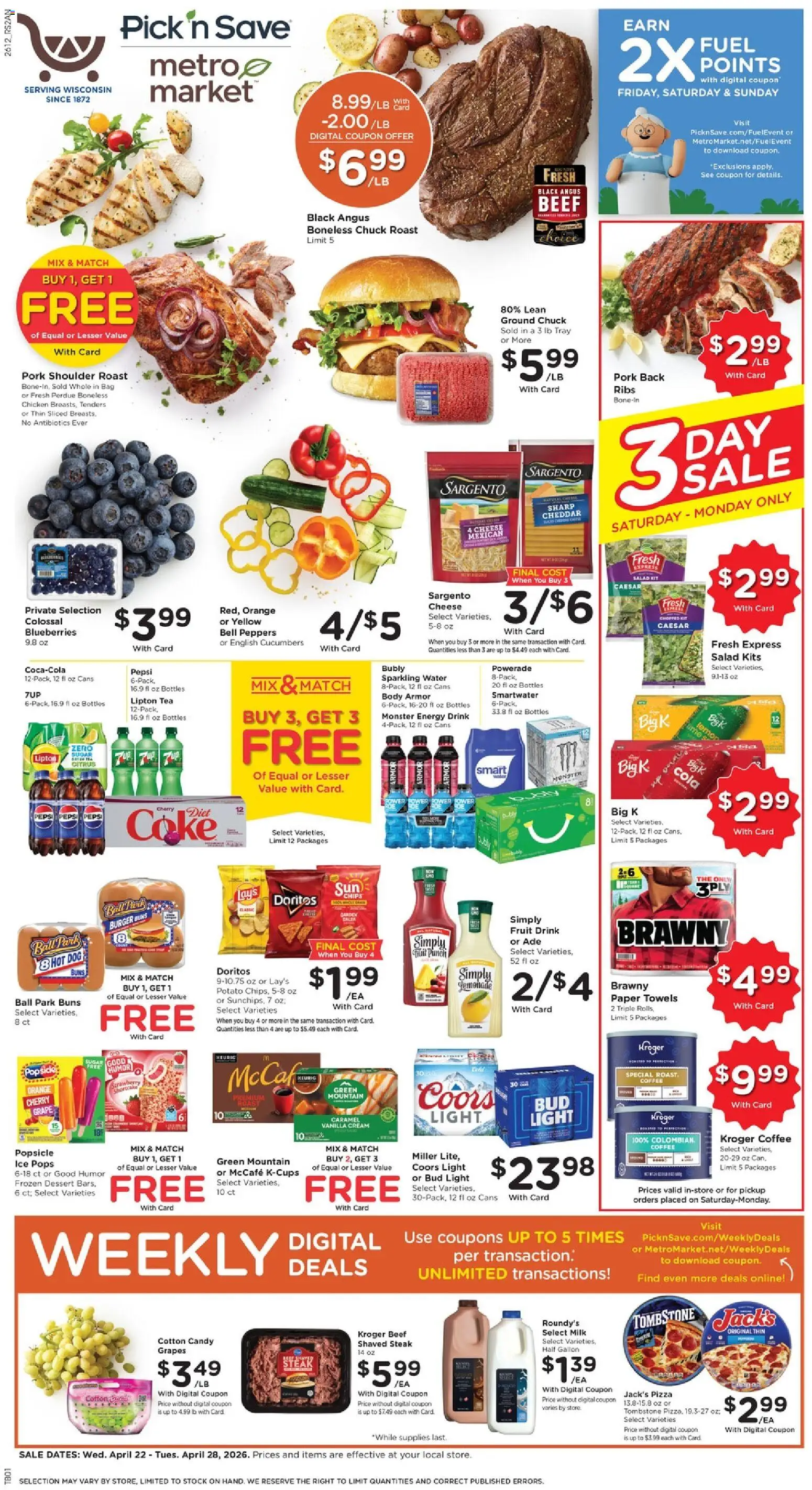 Pick ‘n Save Weekly Ad - valid from 22.04.2026 | Page: 1 | Products: Peppers, Pizza, Pork, Chips
