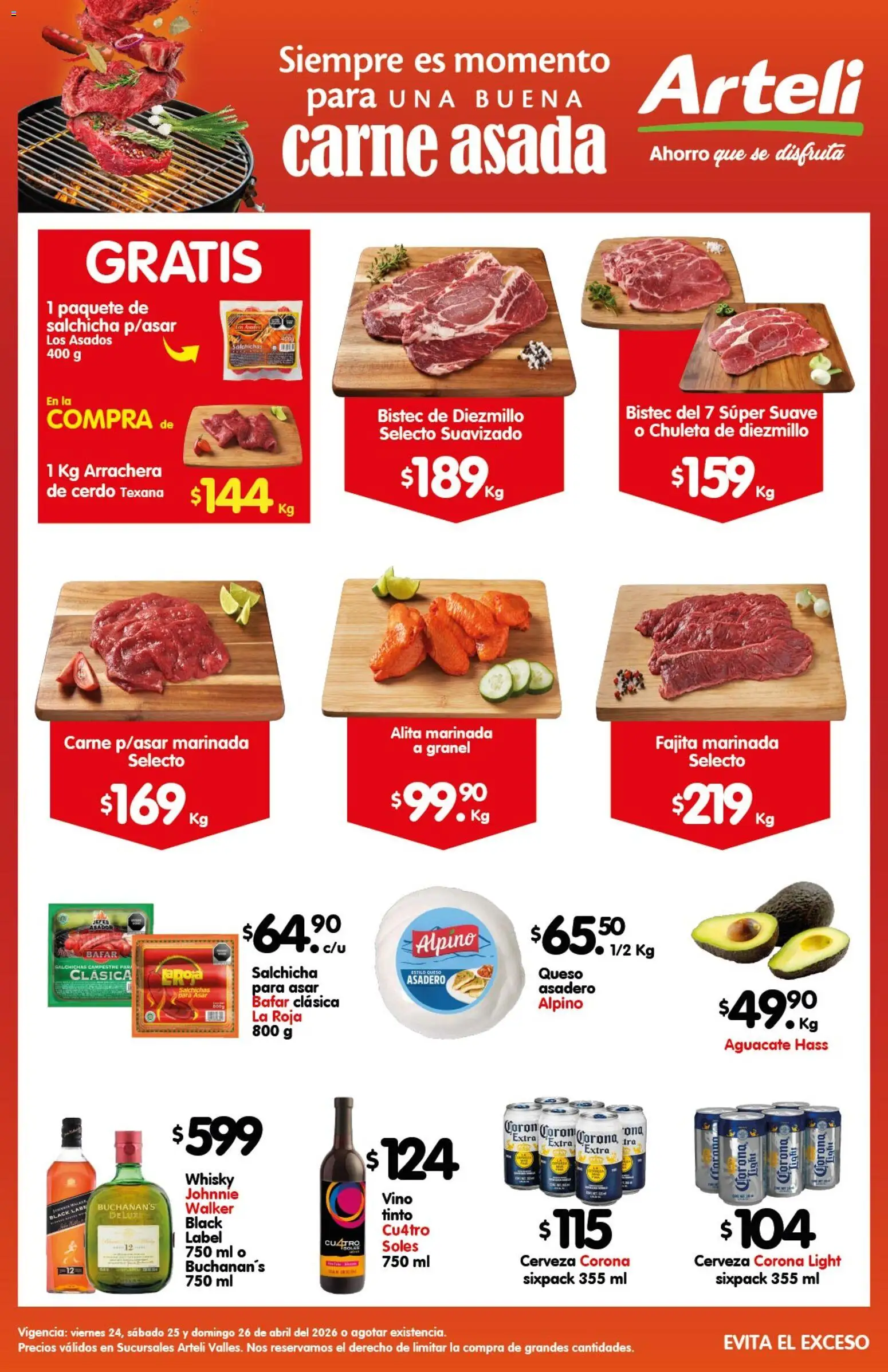 Nuevas ofertas de Arteli válidas en toda la República Mexicana desde el 24.04.2026. ¡Encuentra las mejores ofertas en Arteli folleto Carne Valles! | Página: 1 | Productos: Queso, Cerveza, Vino, Whisky