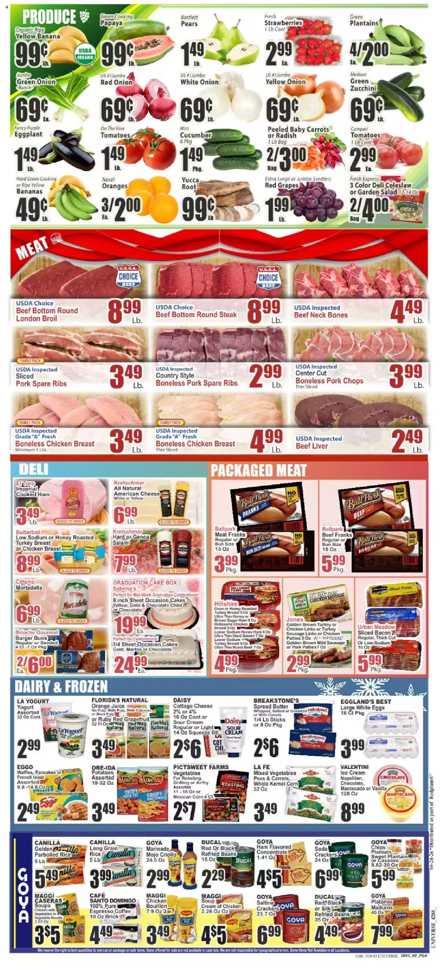 Food Universe Weekly Ad - valid from 24.04.2026 | Page: 4 | Products: Cheese, Juice, Oranges, Sausage