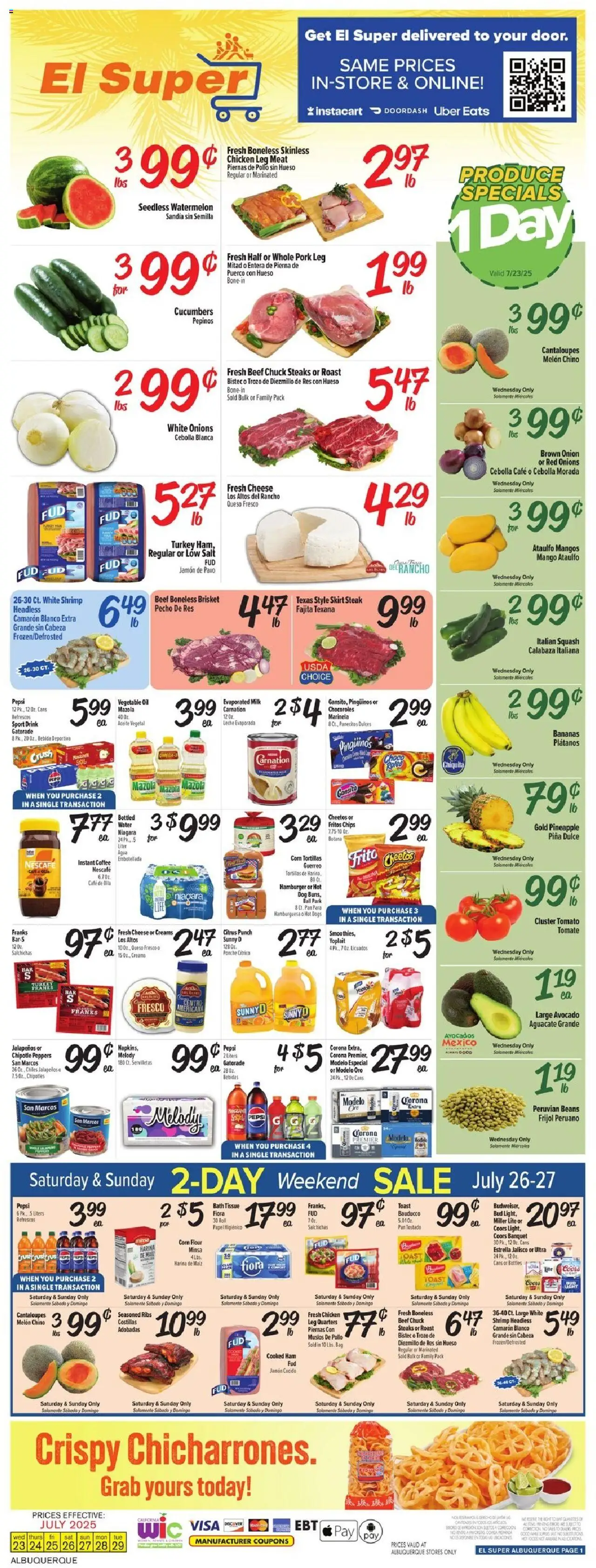 El Super Weekly Ad - NM - valid from 23.07.2025 | Page: 1 | Products: Cantaloupes, Cheese, Ham, Pineapple