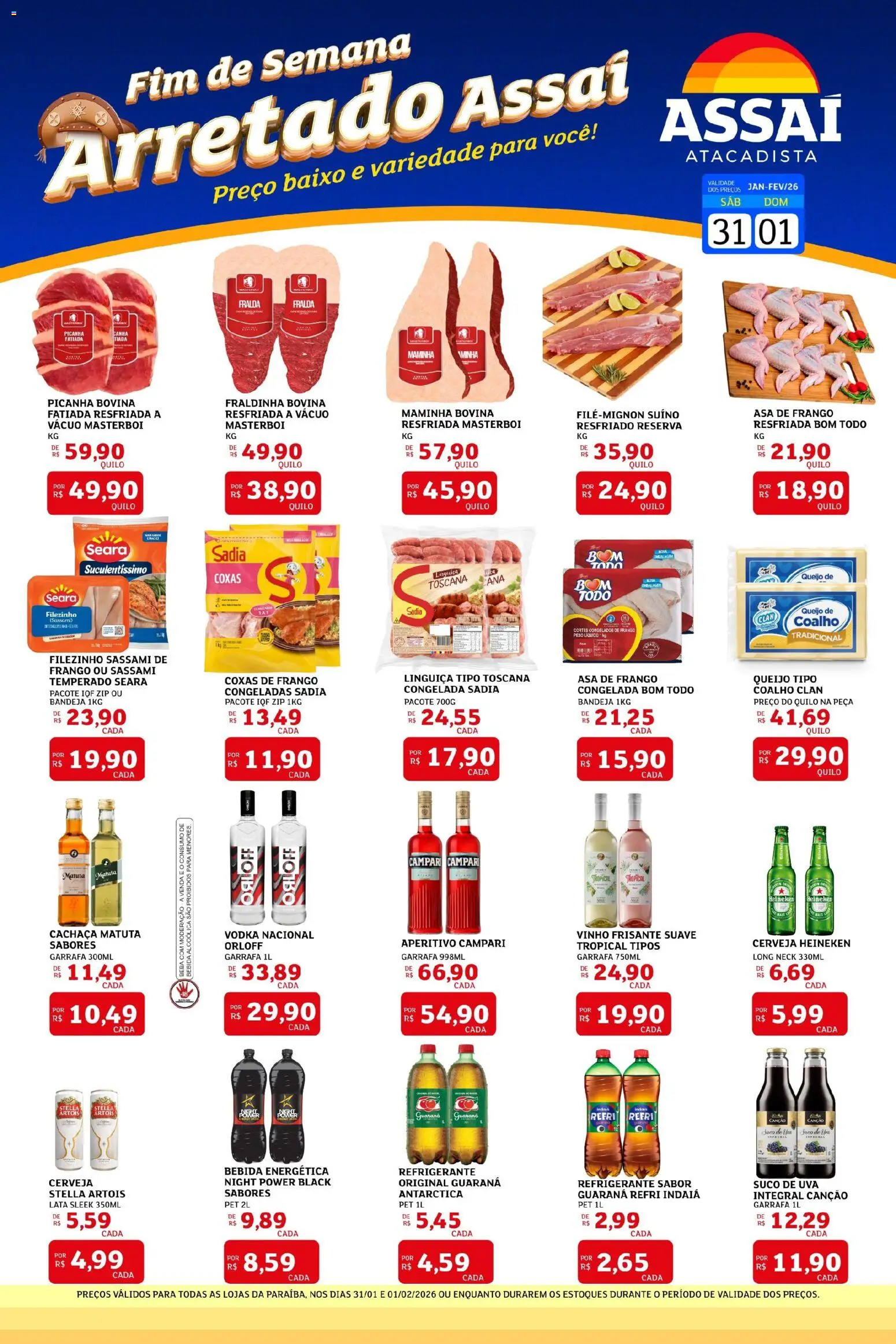 Assaí Atacadista Folheto - válido de 31.01.2026 | Página: 1 | Produtos: Picanha, Suco, Cerveja, Bandeja