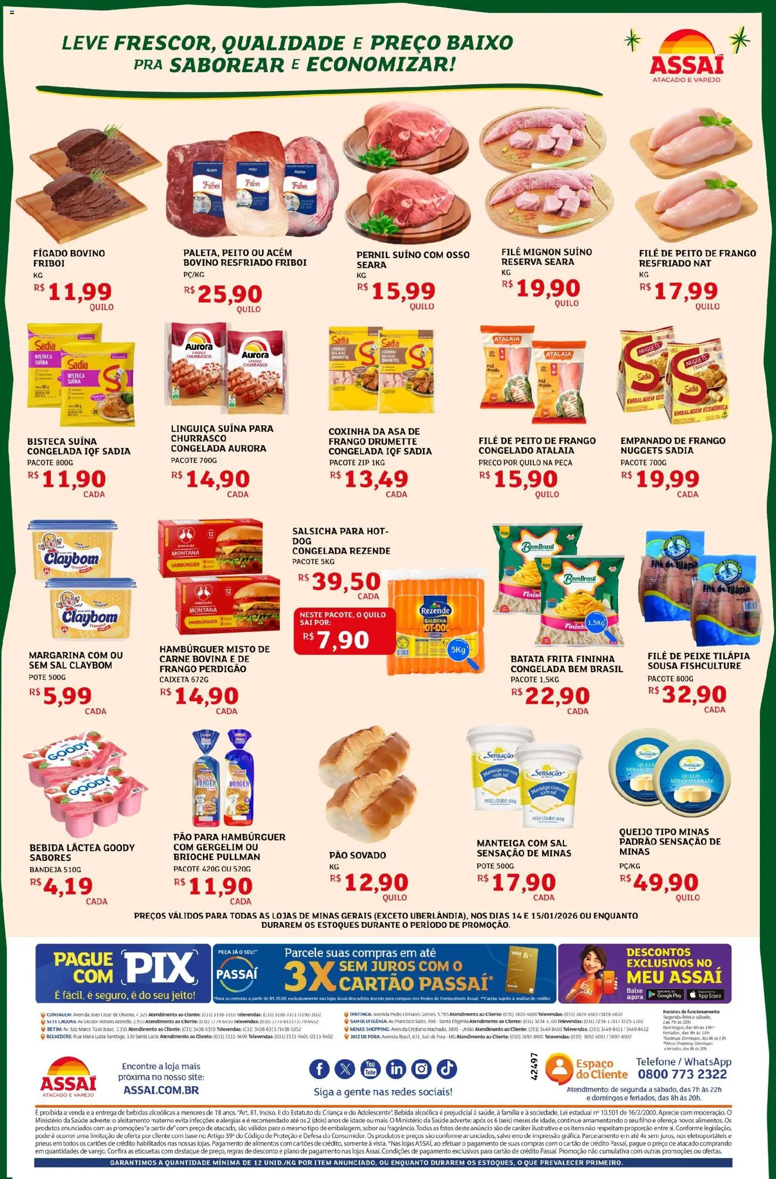 Assaí Atacadista Folheto - válido de 14.01.2026 | Página: 2 | Produtos: Filé mignon, Pão, Peixe, Peito de frango