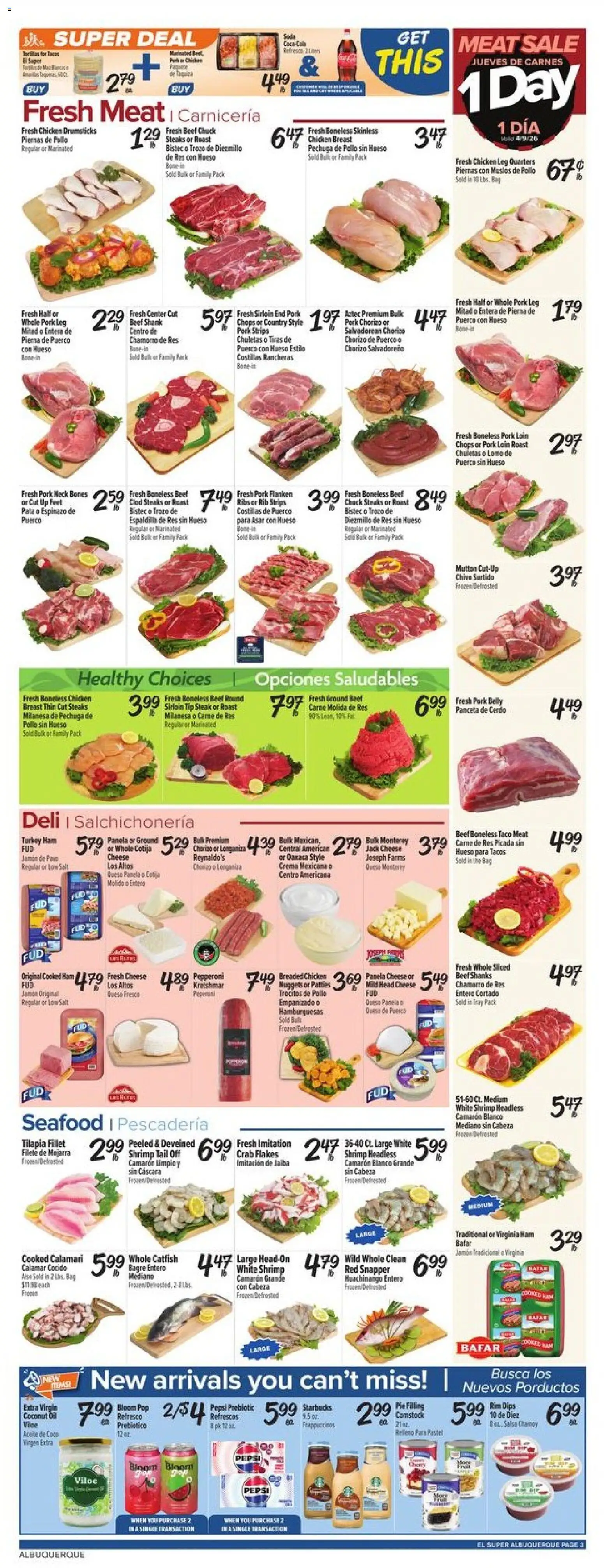 El Super Weekly Ad - NM - valid from 08.04.2026 | Page: 3 | Products: Coconut Oil, Cheese, Pork, Seafood