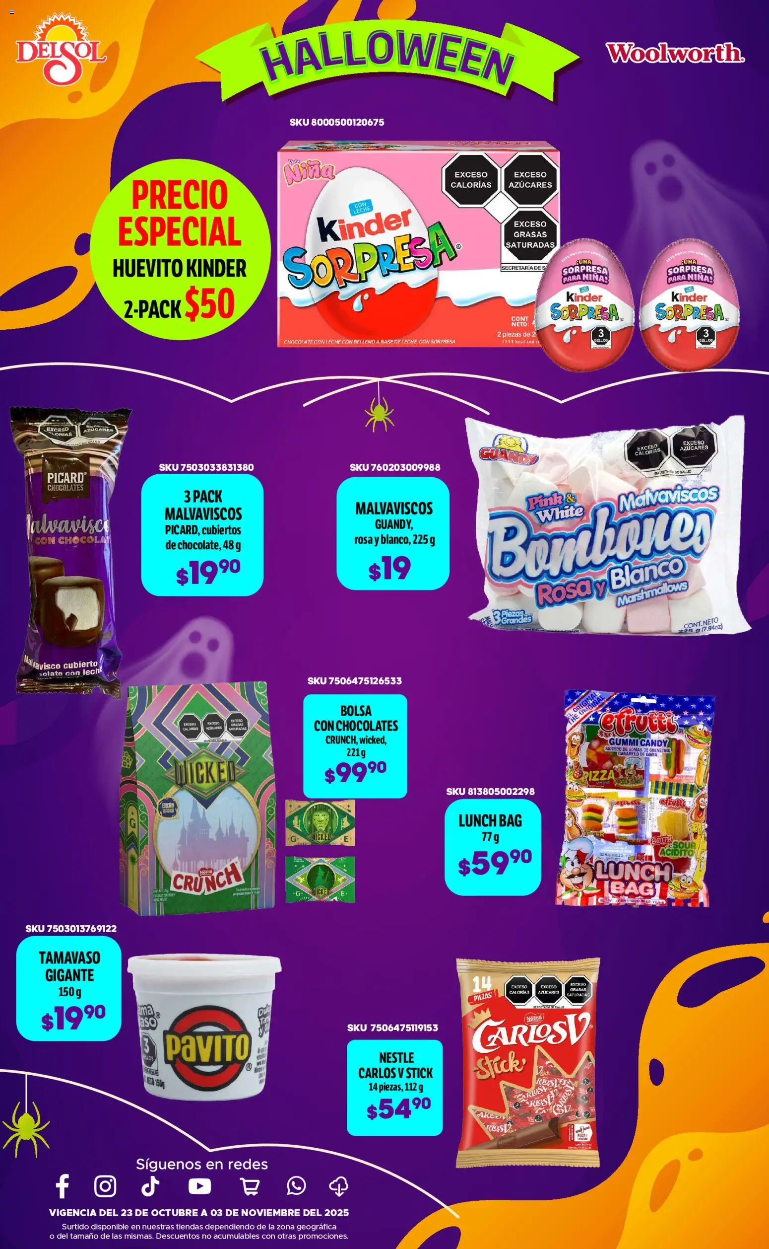 Nuevas ofertas de Del Sol y Woolworth válidas en toda la República Mexicana desde el 23.10.2025. ¡Encuentra las mejores ofertas en Del Sol y Woolworth - Catálogo Halloween! | Página: 13 | Productos: Bombones, Bolsa, Leche, Chocolate