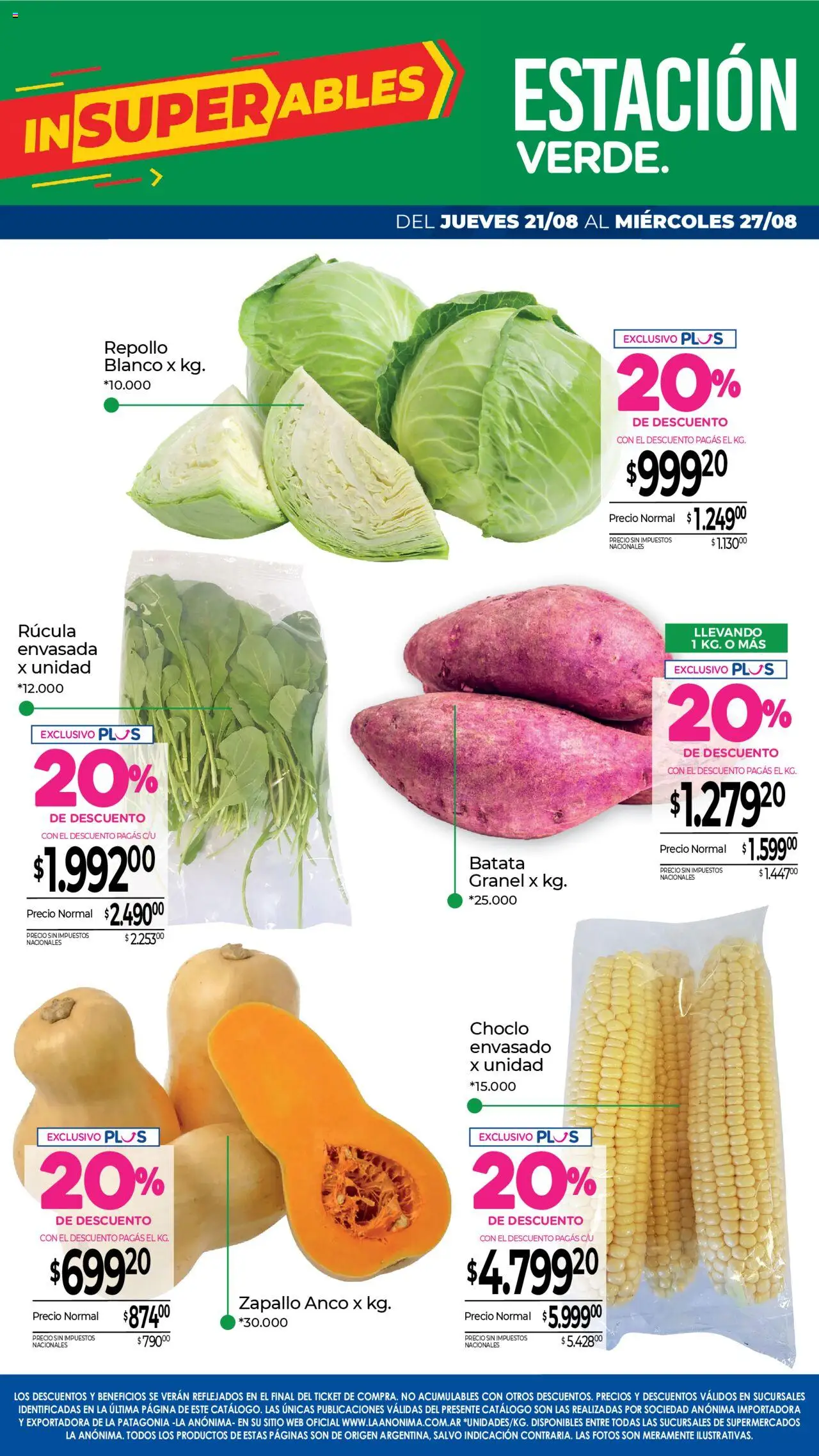 La Anonima catálogo │ válido desde el 21.08.2025 | Página: 7 | Productos: Choclo, Batata, Rúcula, Repollo