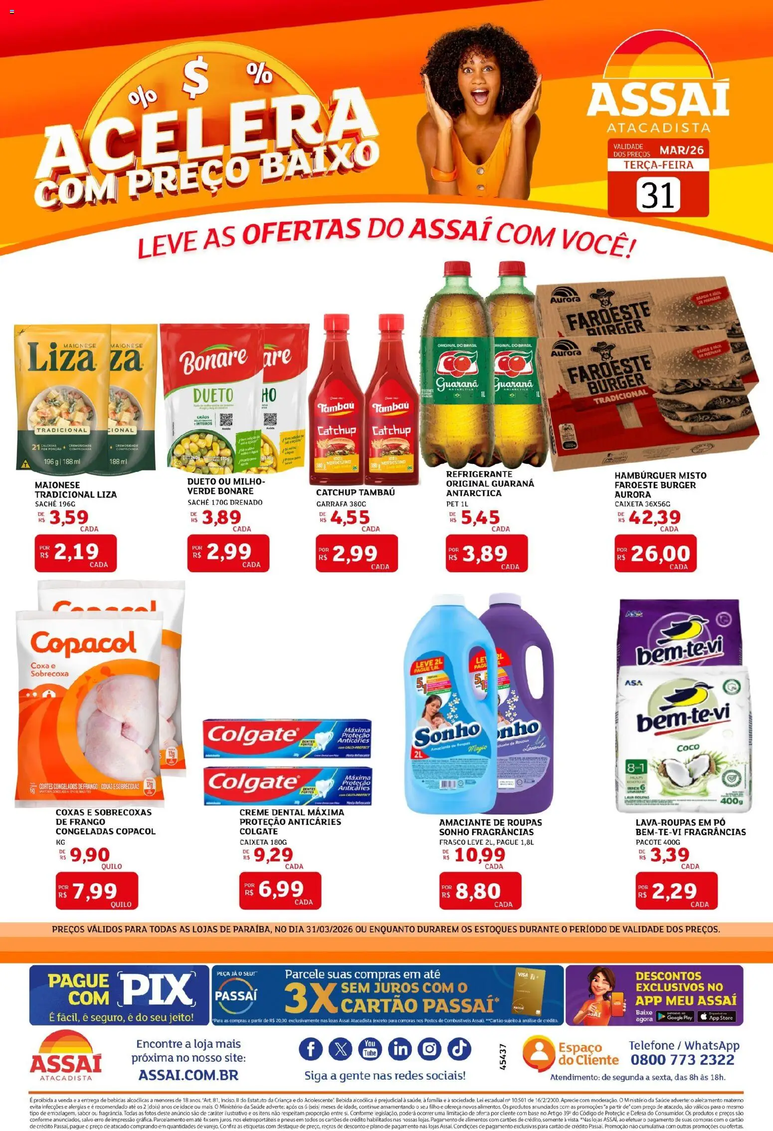 Assaí Atacadista Folheto - válido de 31.03.2026 | Página: 1 | Produtos: Guaraná, Baixo, Refrigerante, Telefone