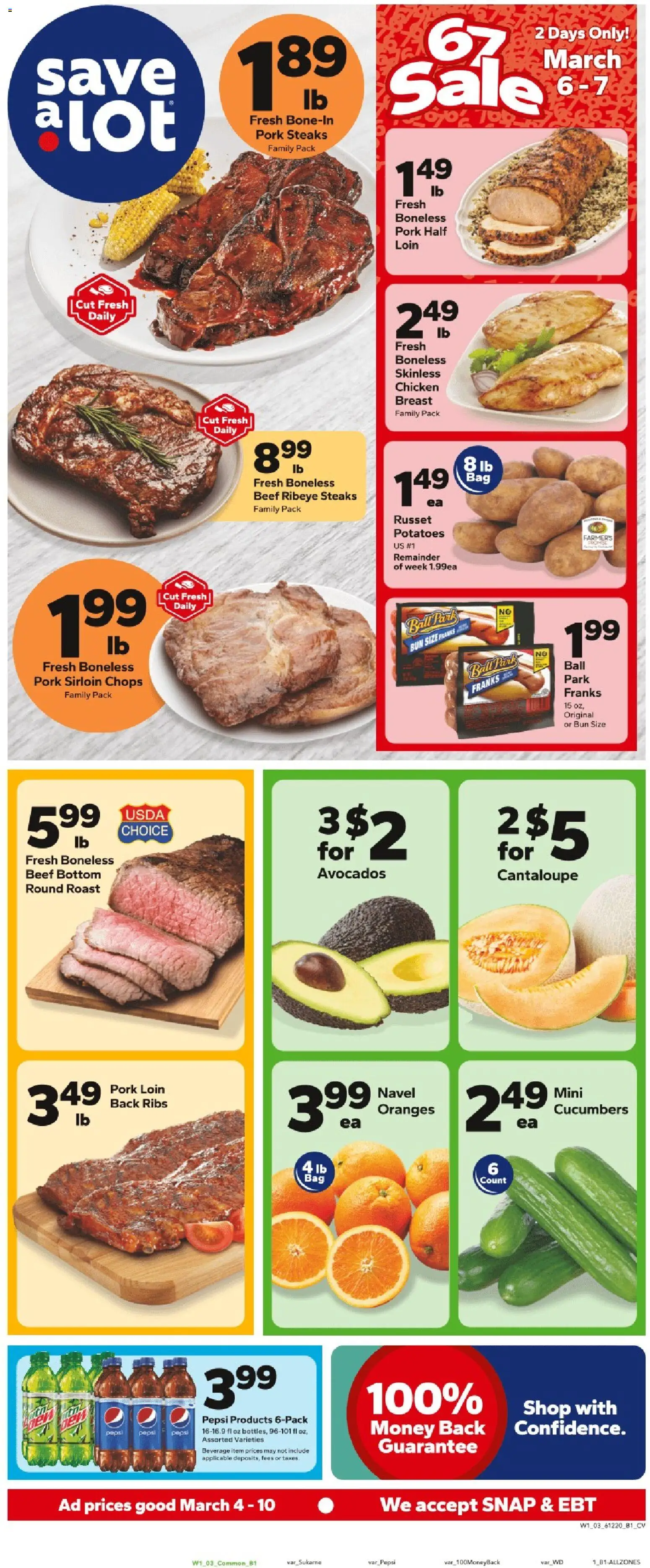 Save a Lot Weekly Ad - valid from 04.03.2026 | Page: 1 | Products: Pork, Beef, Cucumbers, Potatoes
