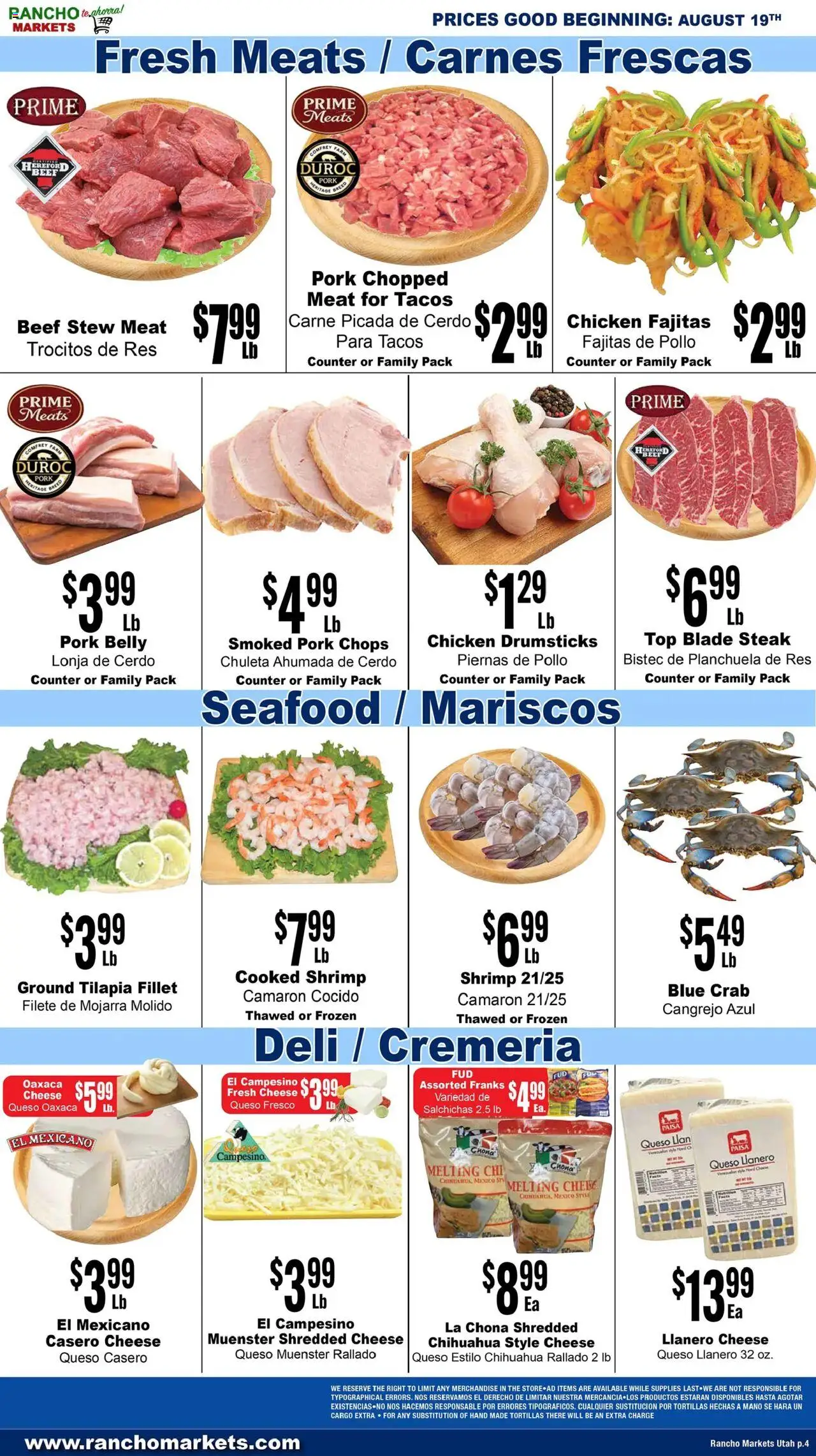 Rancho Markets Weekly Ad - valid from 19.08.2025 | Page: 4 | Products: Cheese, Pork, Beef, Seafood