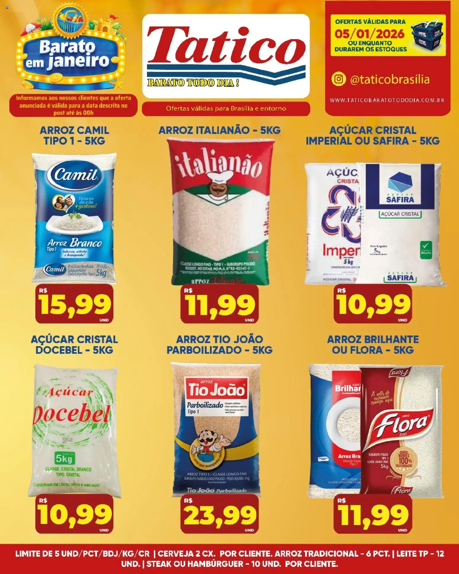 Tatico Folheto - válido de 05.01.2026 | Página: 1 | Produtos: Leite, Arroz, Hambúrguer, Açúcar