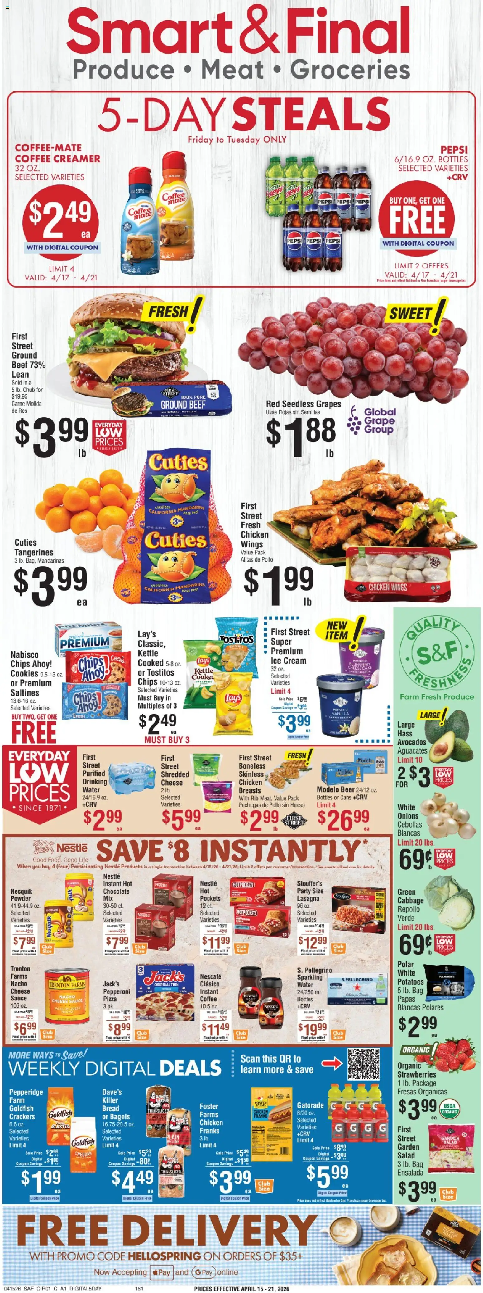 Smart & Final Weekly Ad - valid from 17.04.2026 | Page: 1 | Products: Bread, Coffee, Strawberries, Tangerines