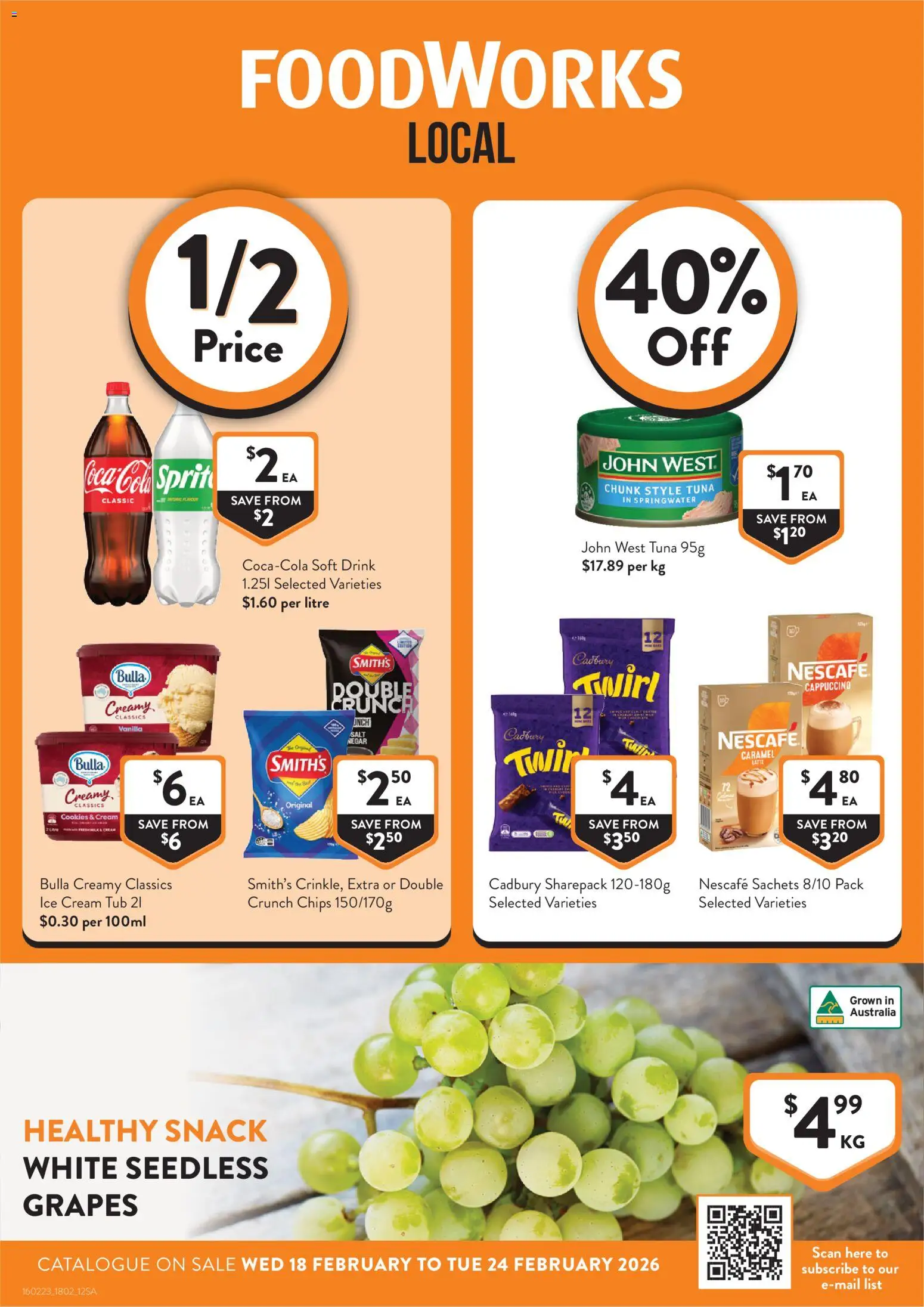 Foodworks catalogue - valid from 18.02.2026 | Page: 1 | Products: Chips, Cream, Tuna, Grapes