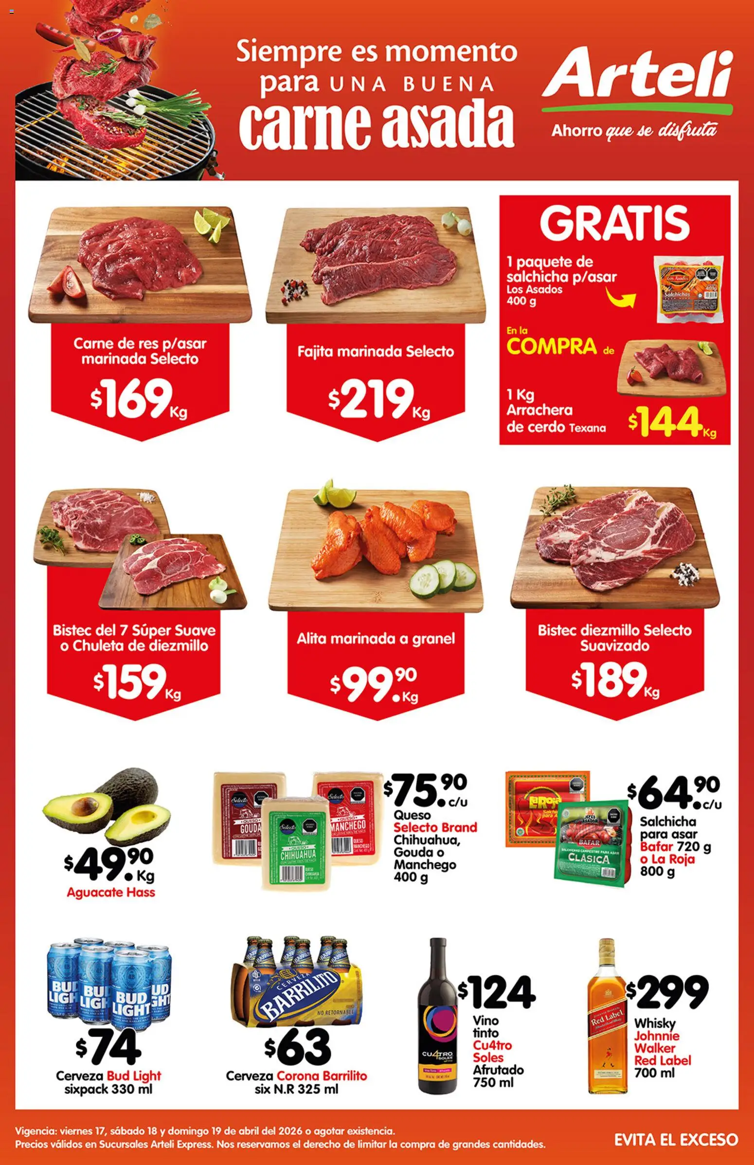 Nuevas ofertas de Arteli válidas en toda la República Mexicana desde el 17.04.2026. ¡Encuentra las mejores ofertas en Arteli folleto Carne Express! | Página: 1 | Productos: Queso, Cerveza, Cerdo, Whisky