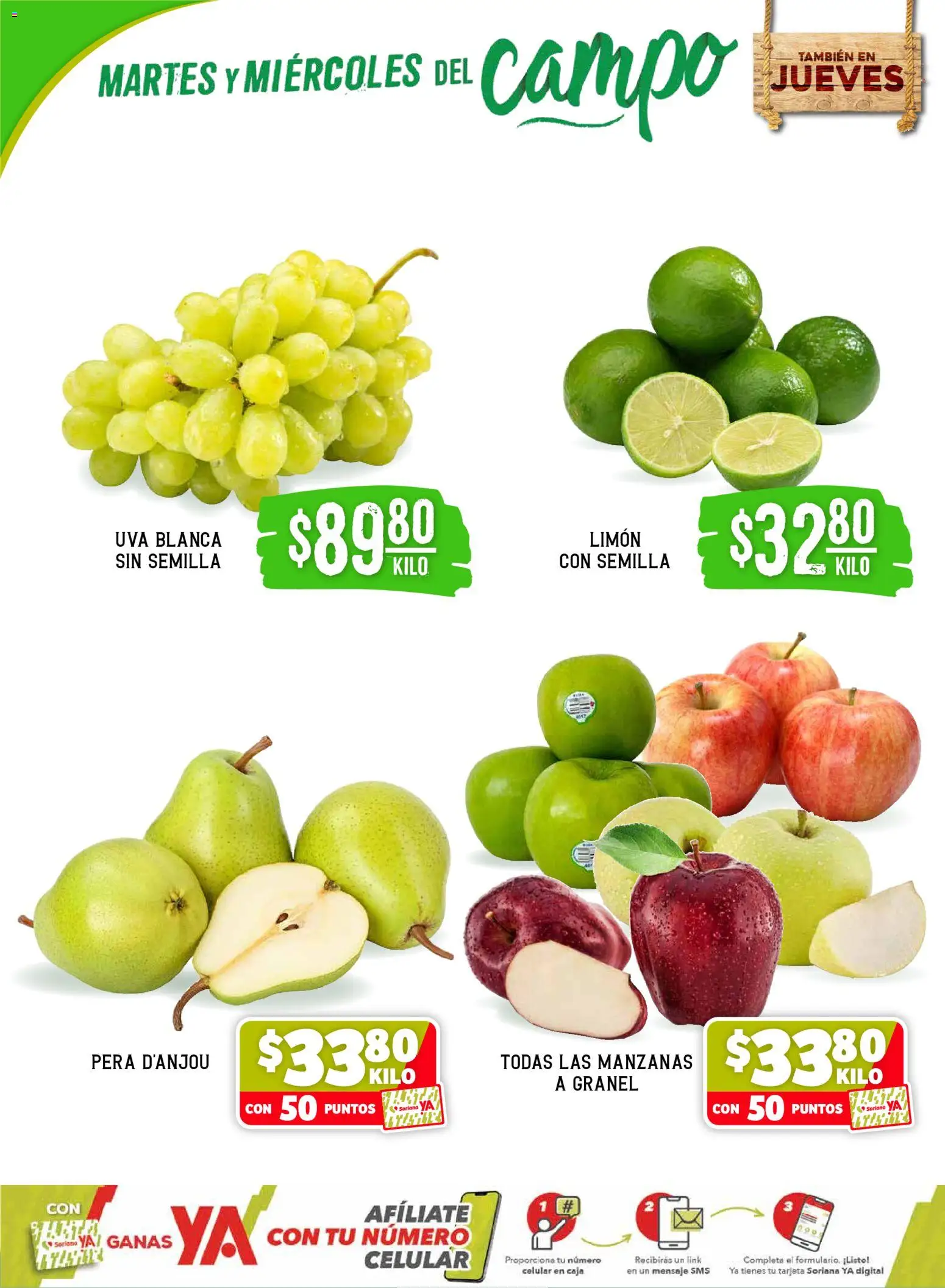 Nuevas ofertas de Soriana válidas en toda la República Mexicana desde el 28.04.2026. ¡Encuentra las mejores ofertas en Soriana Martes y Miércoles del Campo Súper: Tamaulipas (excepto Cd. Victoria y Tampico)! | Página: 2 | Productos: Pera, Limón, Manzanas, Uva