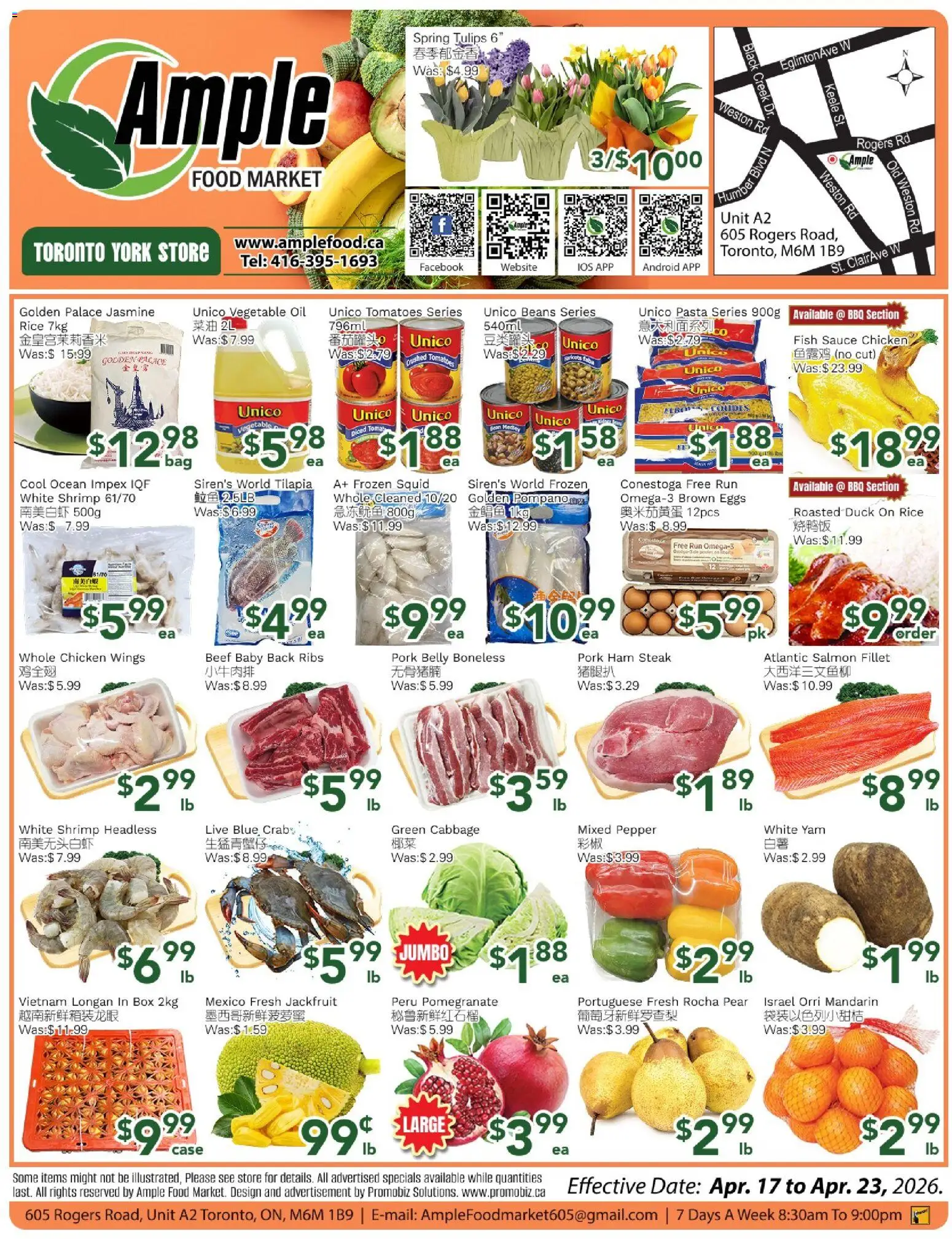 Ample Food Market flyer valid from 17.04.2026 | Page: 1 | Products: Pasta, Chicken wings, Pork, Tomatoes