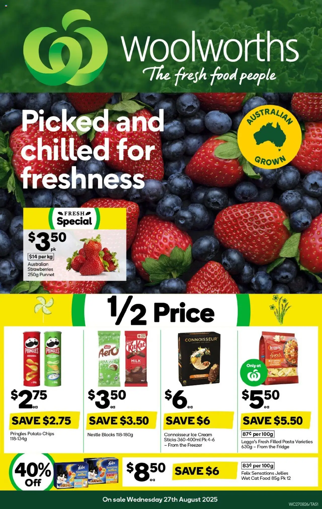 Woolworths catalogue - valid from 27.08.2025 | Page: 1 | Products: Strawberries, Pasta, Cream, Fridge