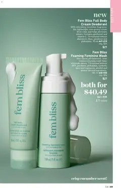 Preview of Fem Bliss Full Body Cream Deodorant, With refreshing cucumber fragrance, this lightweight, non-greasy cream dries clear and helps eliminate odours. Contains panthenol and vitamin E. Formulated without aluminum, dyes, parabens and phthalates. 90 ml from shop Avon valid from 09.04.2026 | Page: 89