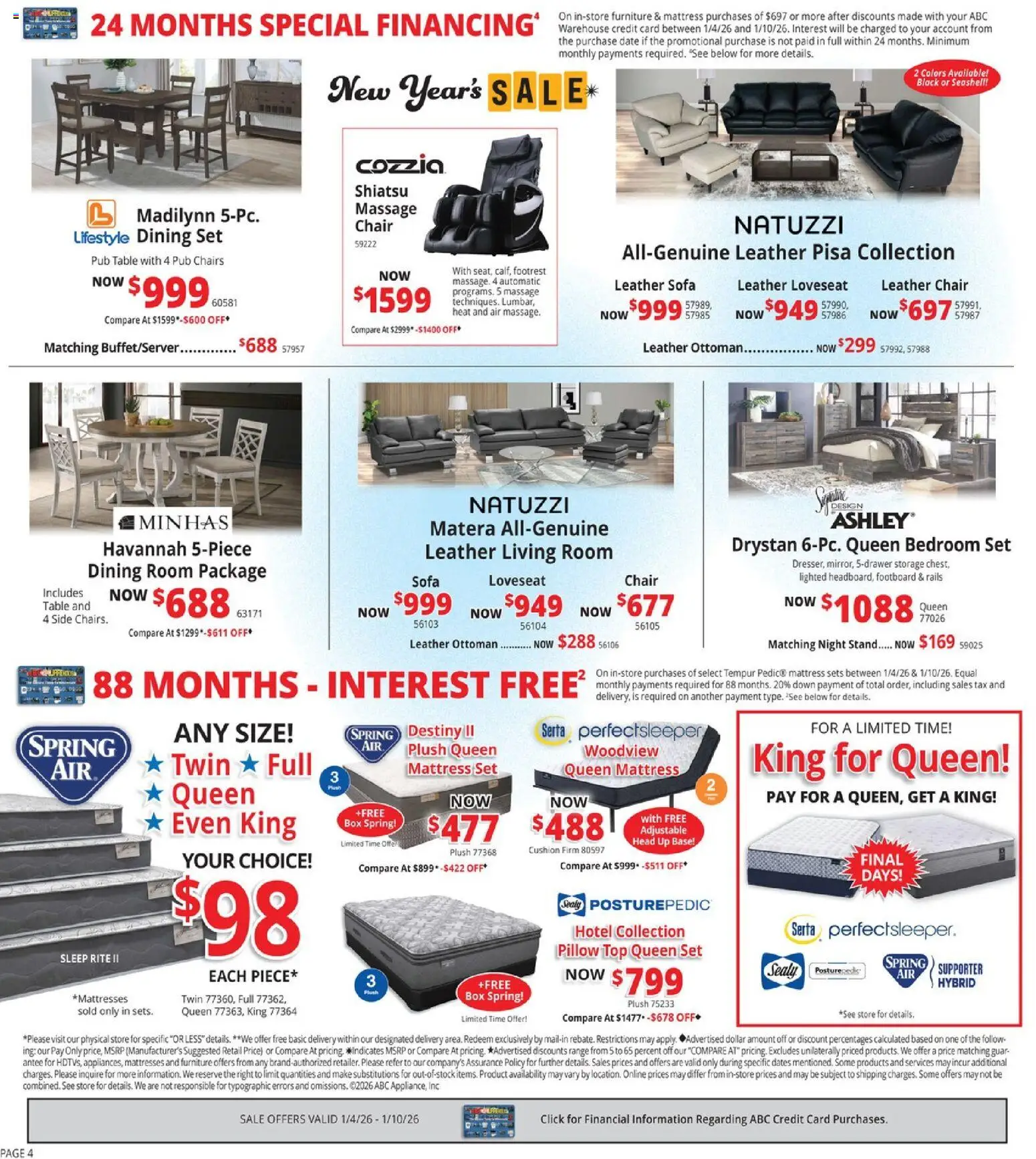 ABC Warehouse Weekly Ad - valid from 04.01.2026 | Page: 4 | Products: Pillow, Sofa, Loveseat, Cushion
