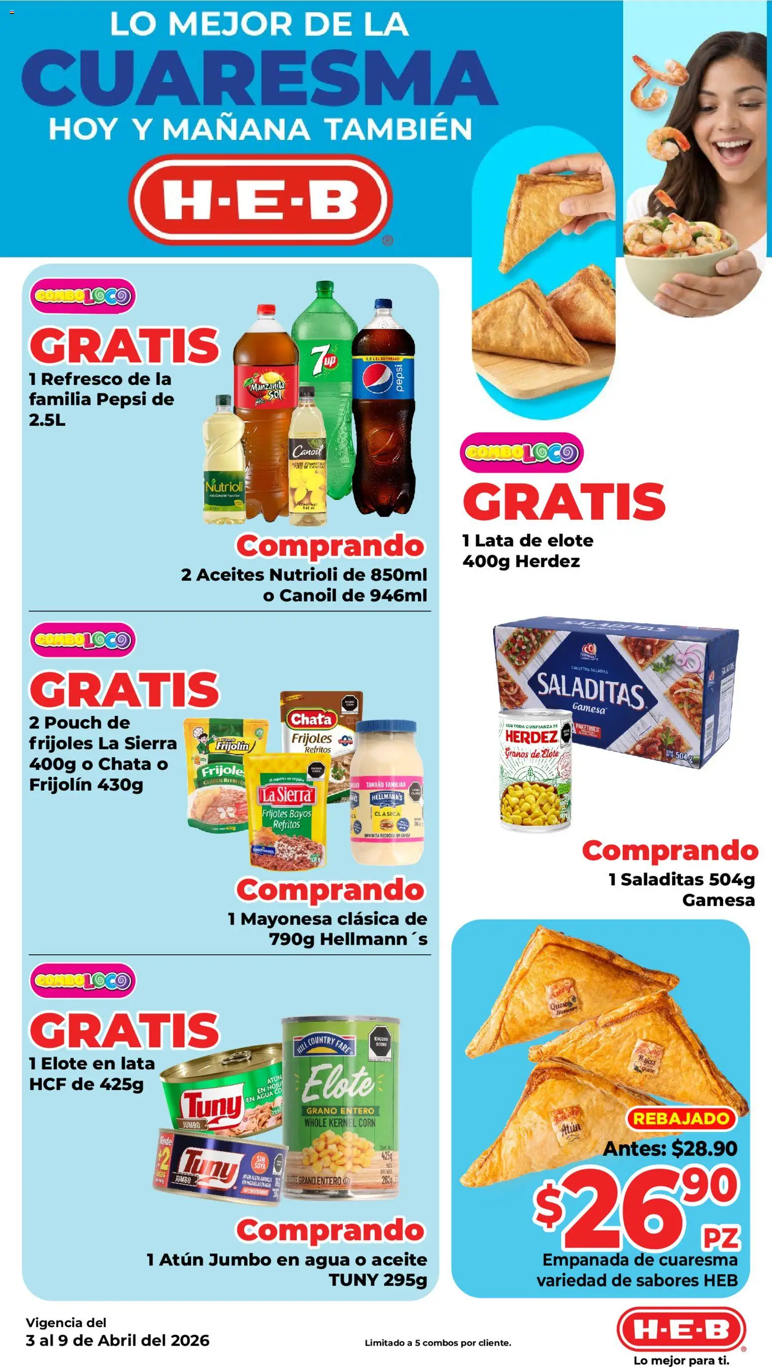 Nuevas ofertas de H-E-B válidas en toda la República Mexicana desde el 03.04.2026. ¡Encuentra las mejores ofertas en H-E-B folleto! | Página: 3 | Productos: Mayonesa, Agua, Aceite, Galletas