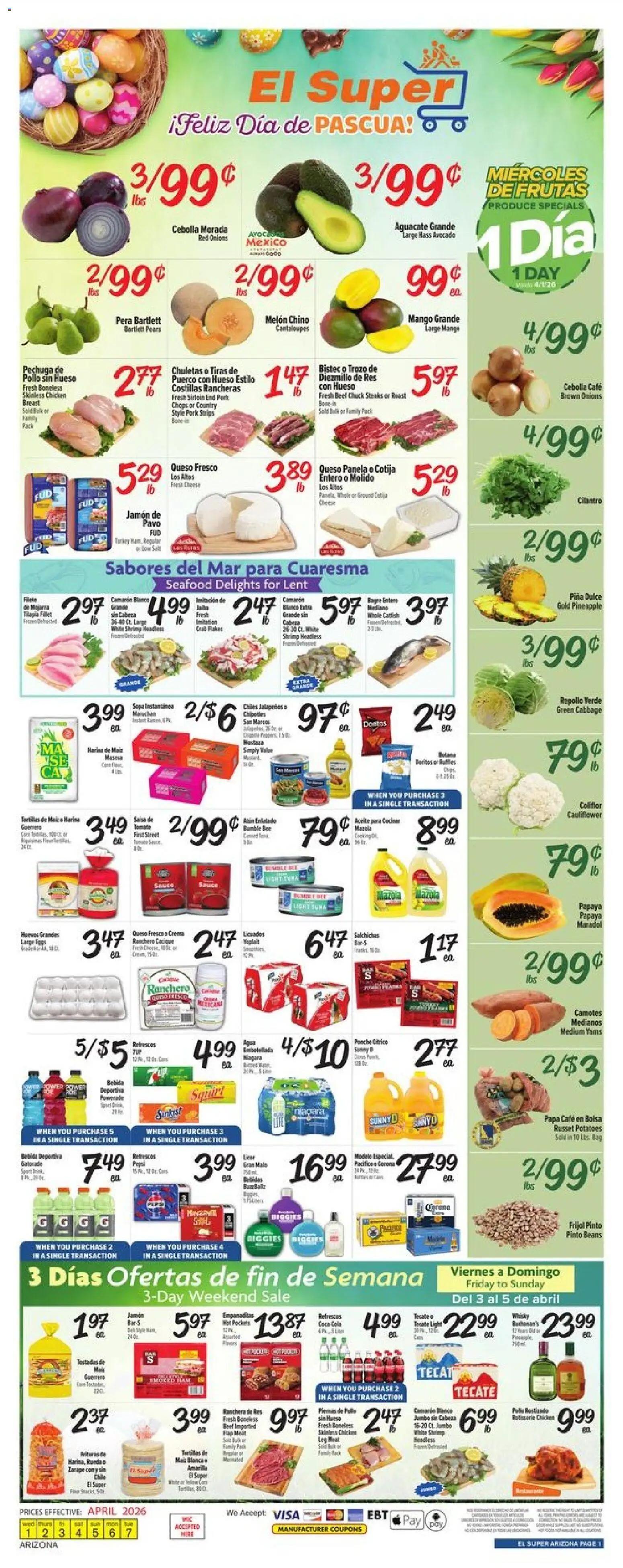 El Super Weekly Ad - AK - valid from 01.04.2026 | Page: 1 | Products: Pork, Pineapple, Mango, Bag
