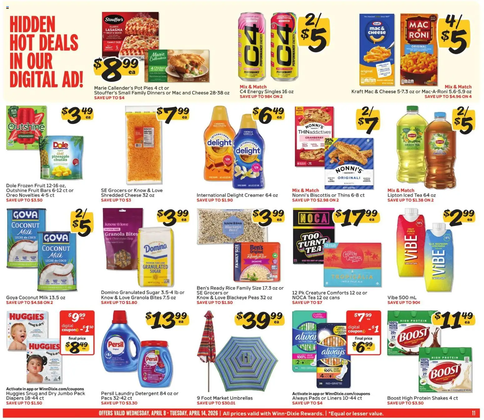 Winn Dixie Weekly Ad - valid from 08.04.2026 | Page: 11 | Products: Milk, Chocolate, Tea, Pineapple