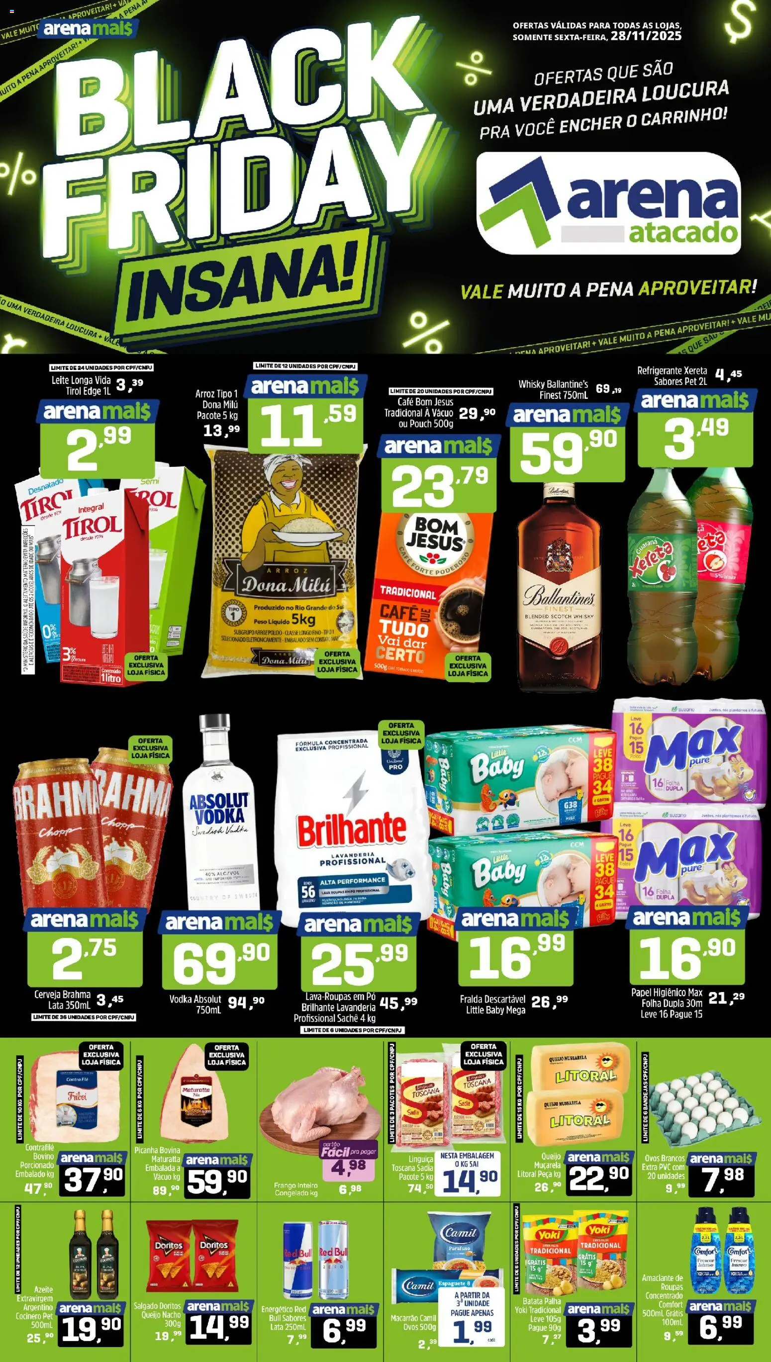 Arena Atacado Folheto - válido de 28.11.2025 | Página: 1 | Produtos: Espaguete, Linguiça, Batata, Azeite