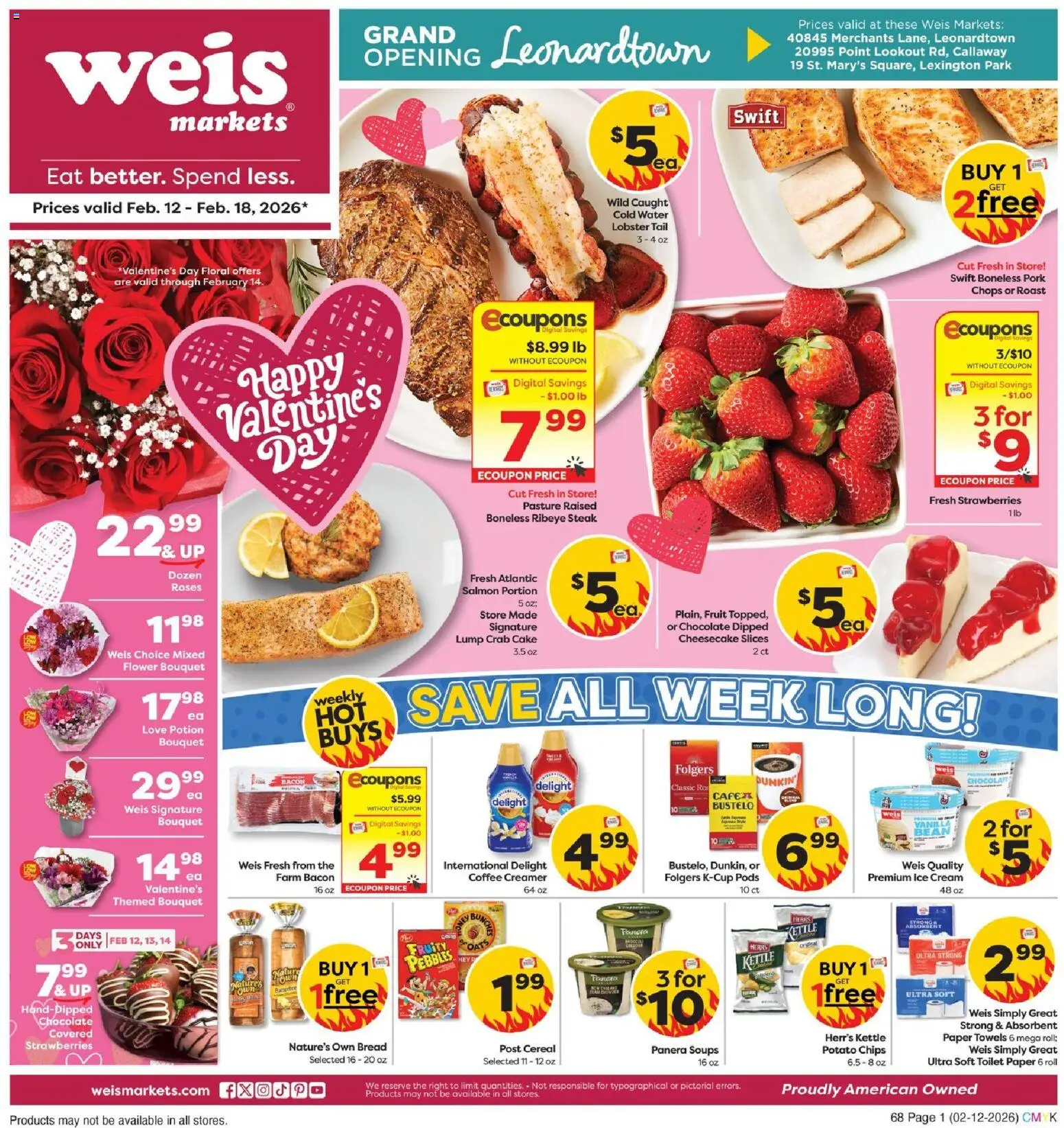 Weis Weekly Ad - valid from 12.02.2026 | Page: 1 | Products: Bread, Pork, Ice cream, Cheesecake