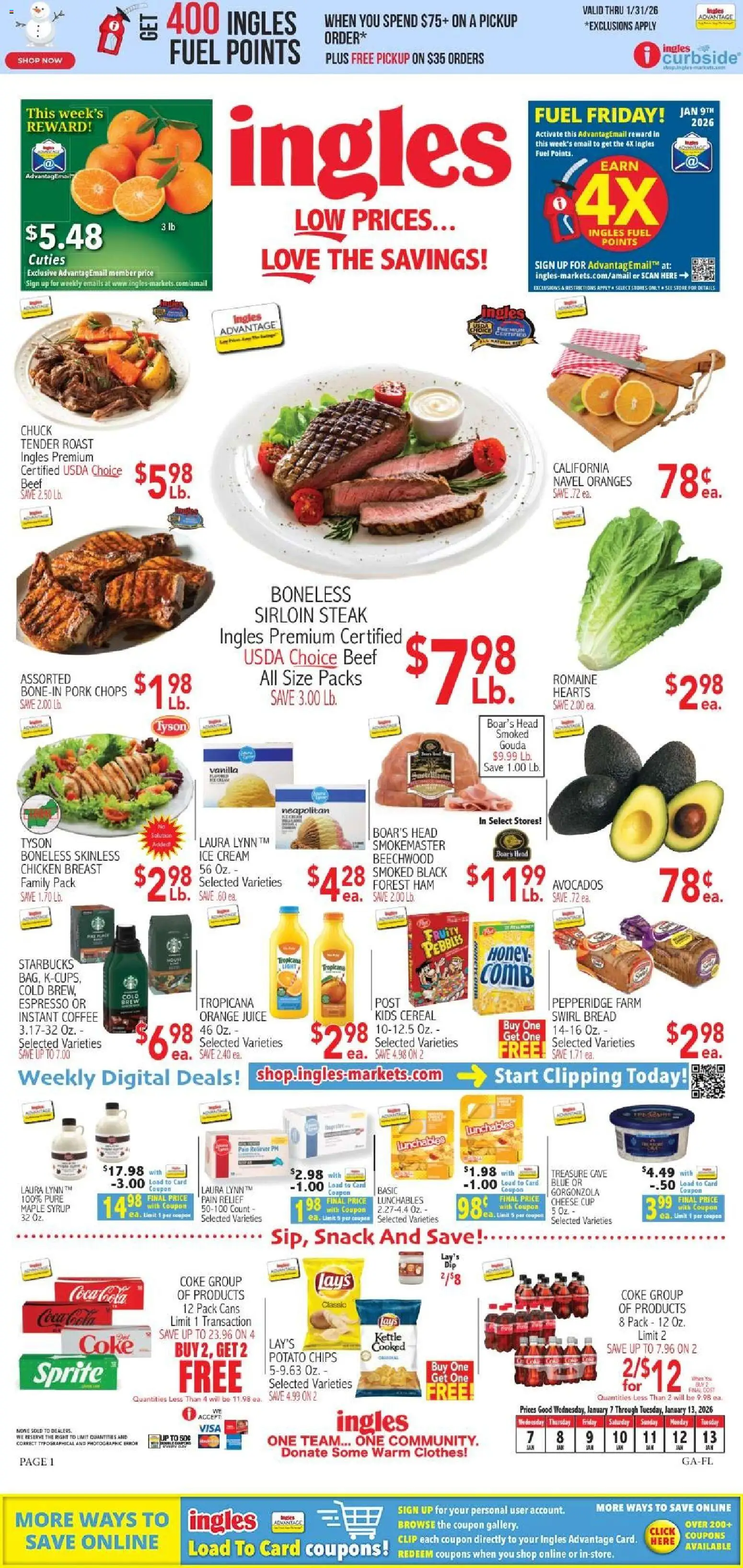 Ingles Weekly Ad - valid from 07.01.2026 | Page: 1 | Products: Clip, Cheese, Juice, Clothes