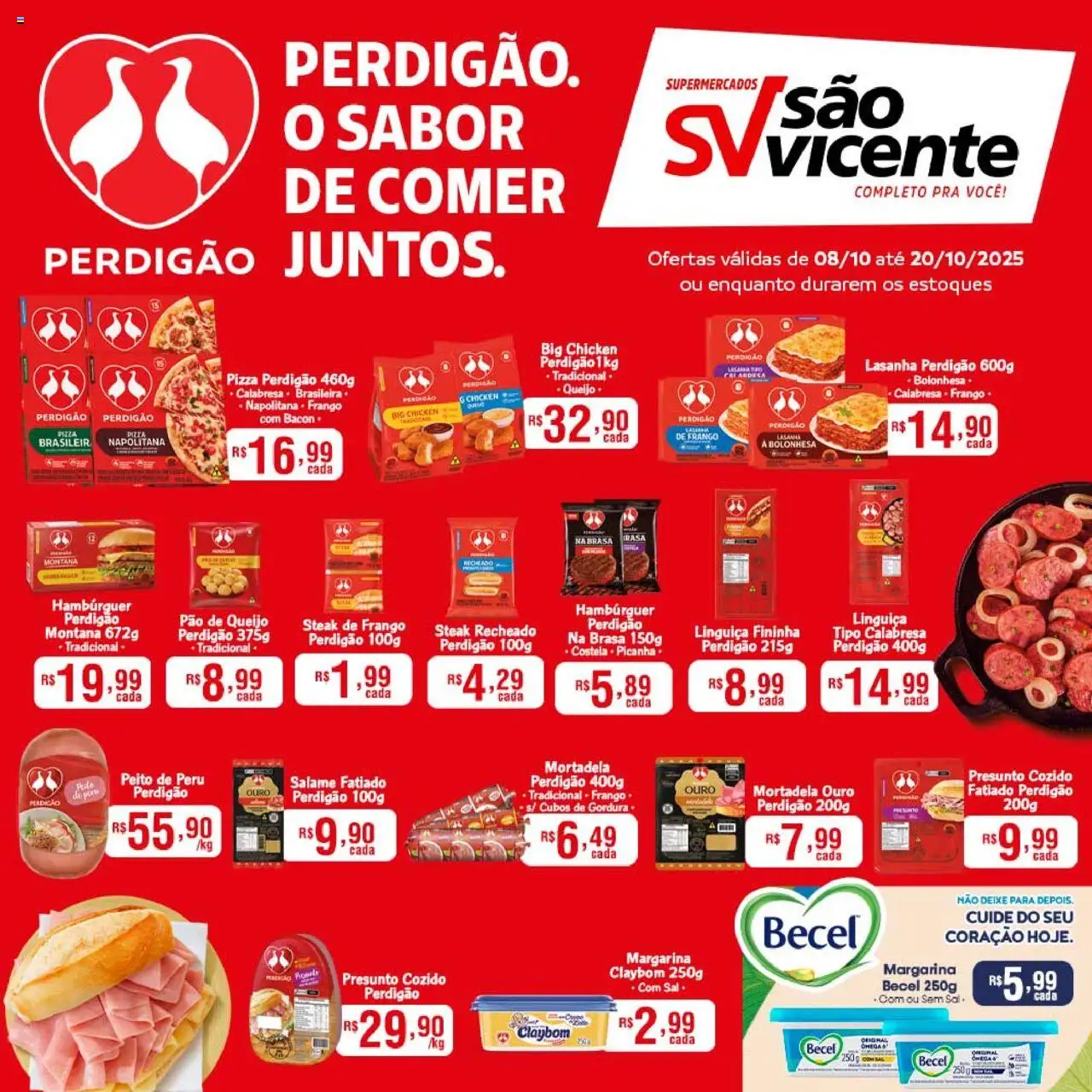 Supermercados São Vicente Folheto - válido de 08.10.2025 | Página: 1 | Produtos: Presunto, Hambúrguer, Lasanha, Pão de queijo