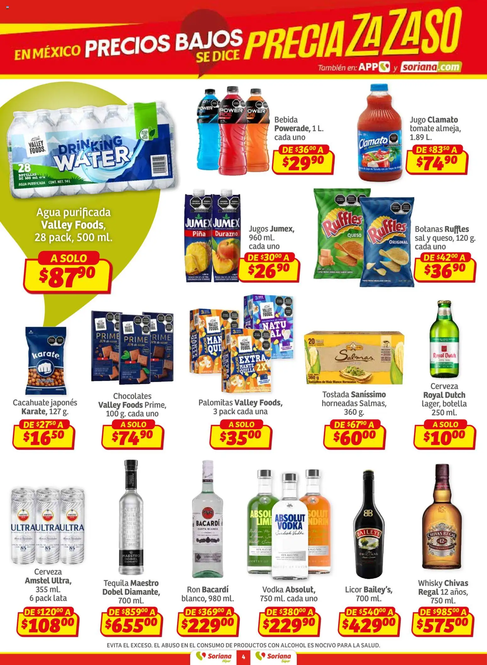 Nuevas ofertas de Soriana válidas en toda la República Mexicana desde el 30.01.2026. ¡Encuentra las mejores ofertas en Soriana - Preciazazaso Híper: BCS, Jal, Nay, Sin, Son! | Página: 4 | Productos: Durazno, Queso, Tequila, Whisky