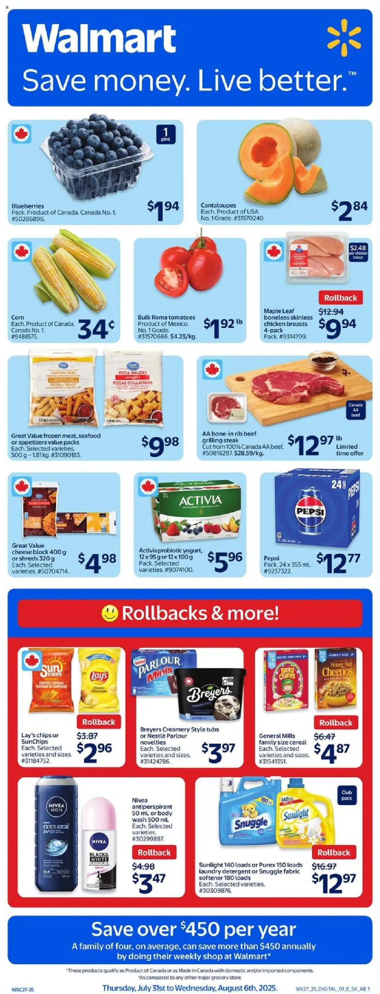 Walmart flyer valid from 31.07.2025 | Page: 1 | Products: Chicken breasts, Antiperspirant, Detergent, Chicken