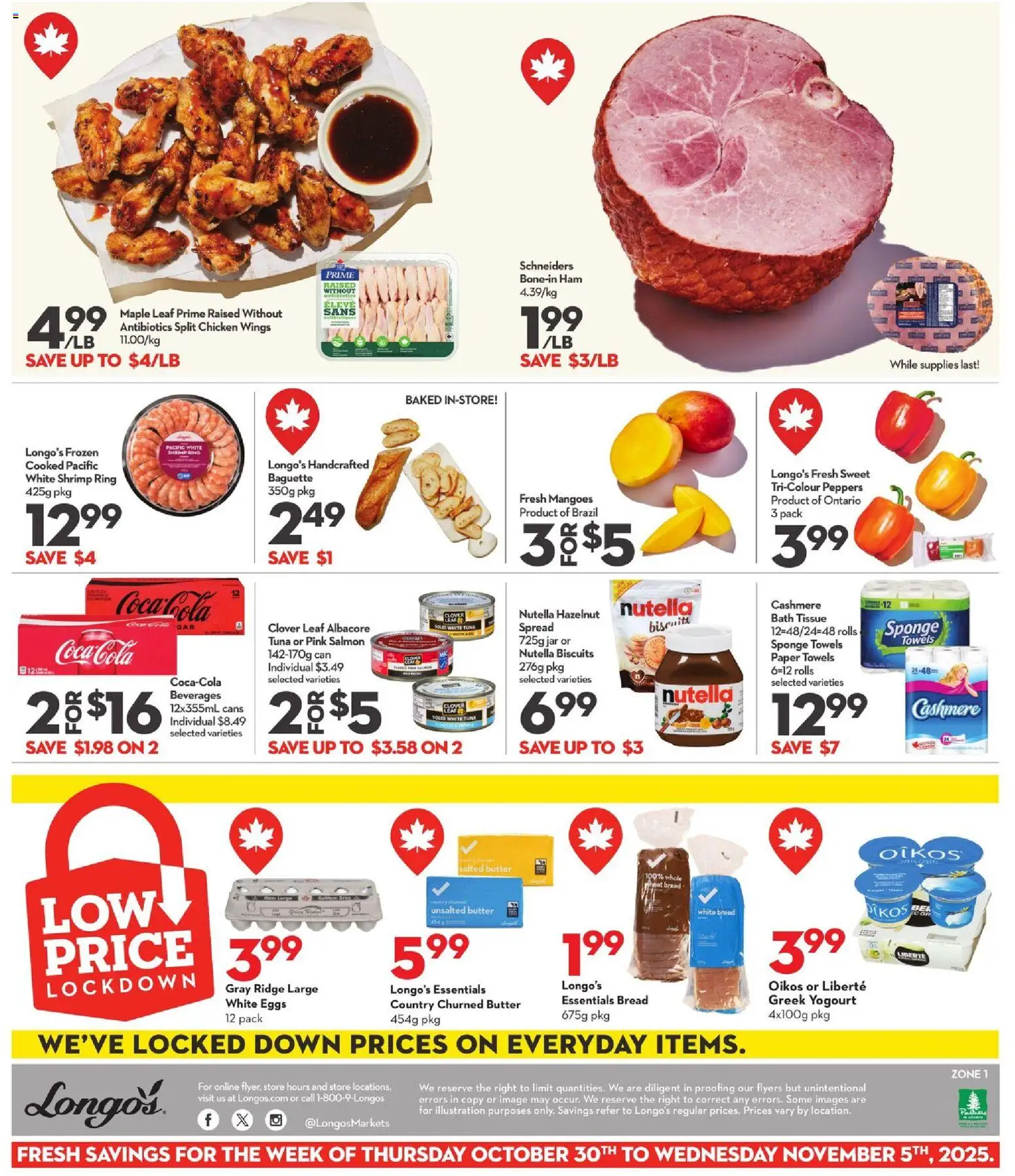 Longo's flyer valid from 30.10.2025 | Page: 5 | Products: Sponge, Eggs, Bread, Ham