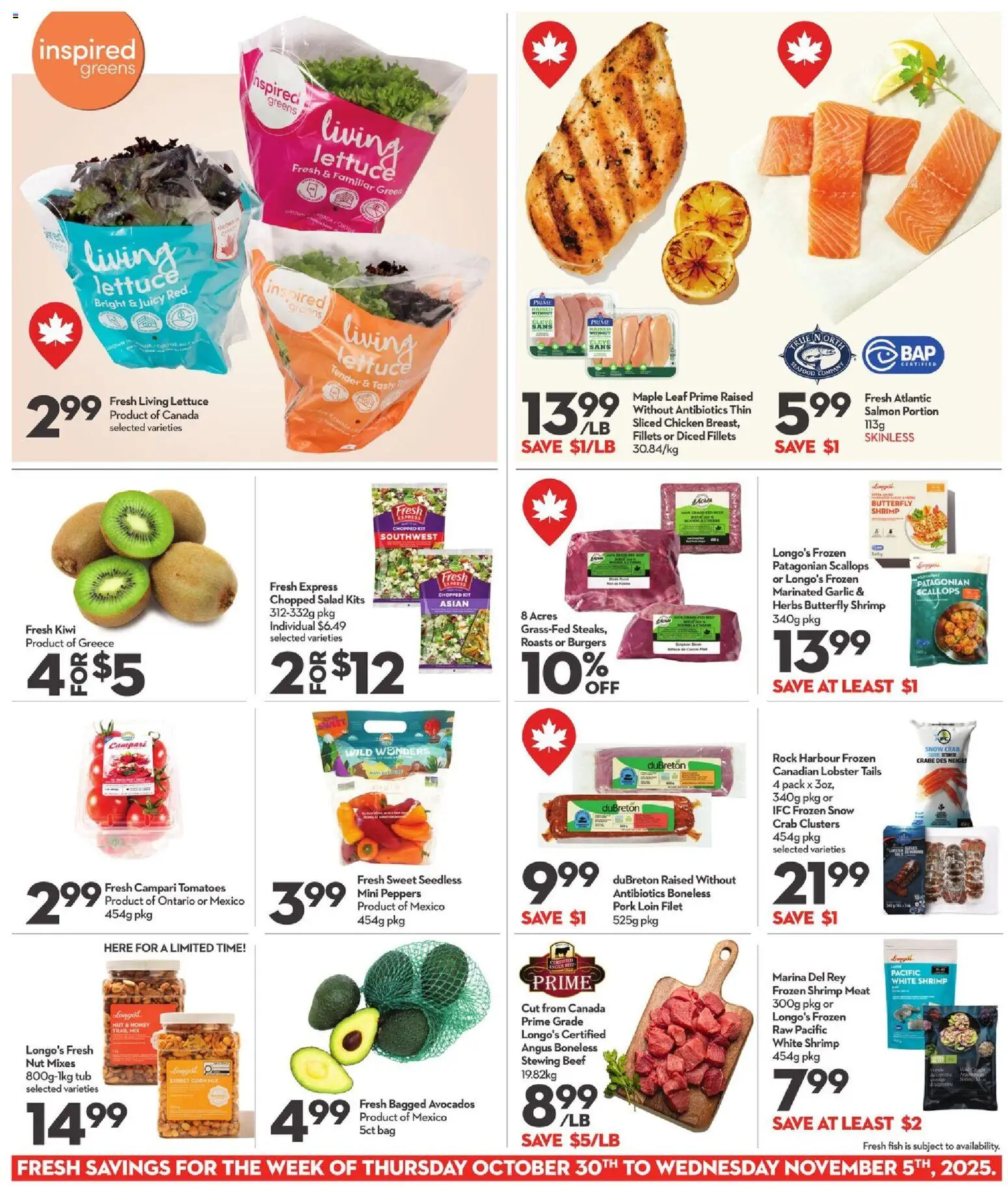 Longo's flyer valid from 30.10.2025 | Page: 6 | Products: Fish, Beef, Kiwi, Bag