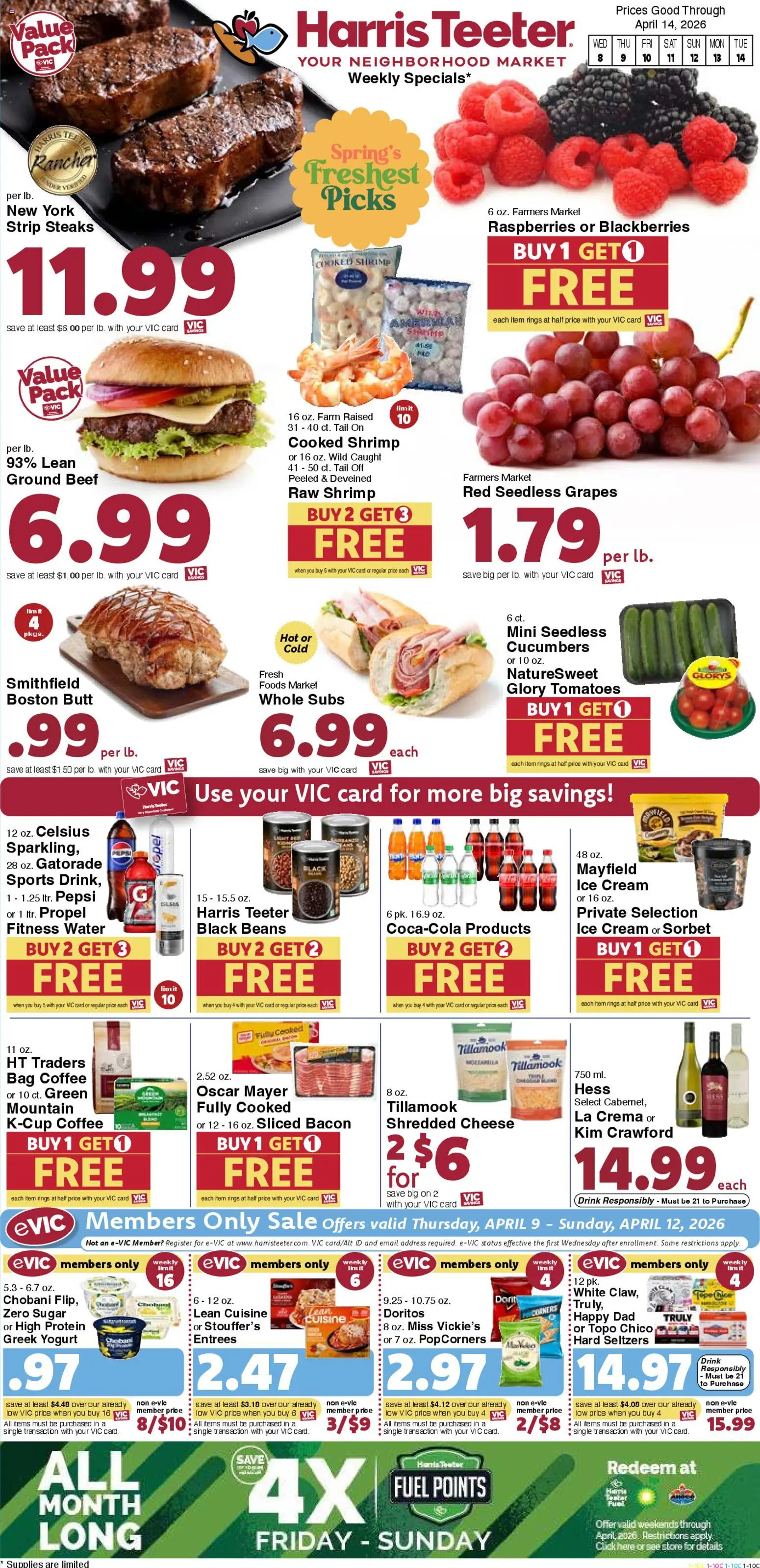 Harris Teeter Weekly Ad - valid from 08.04.2026 | Page: 1 | Products: Cheese, Coffee, Cucumbers, Water