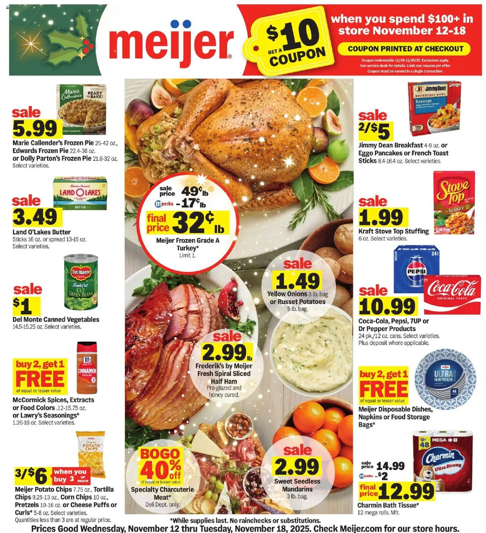Meijer Weekly Ad - valid from 12.11.2025 | Page: 1 | Products: Corn, Desk, Sausage, Bag