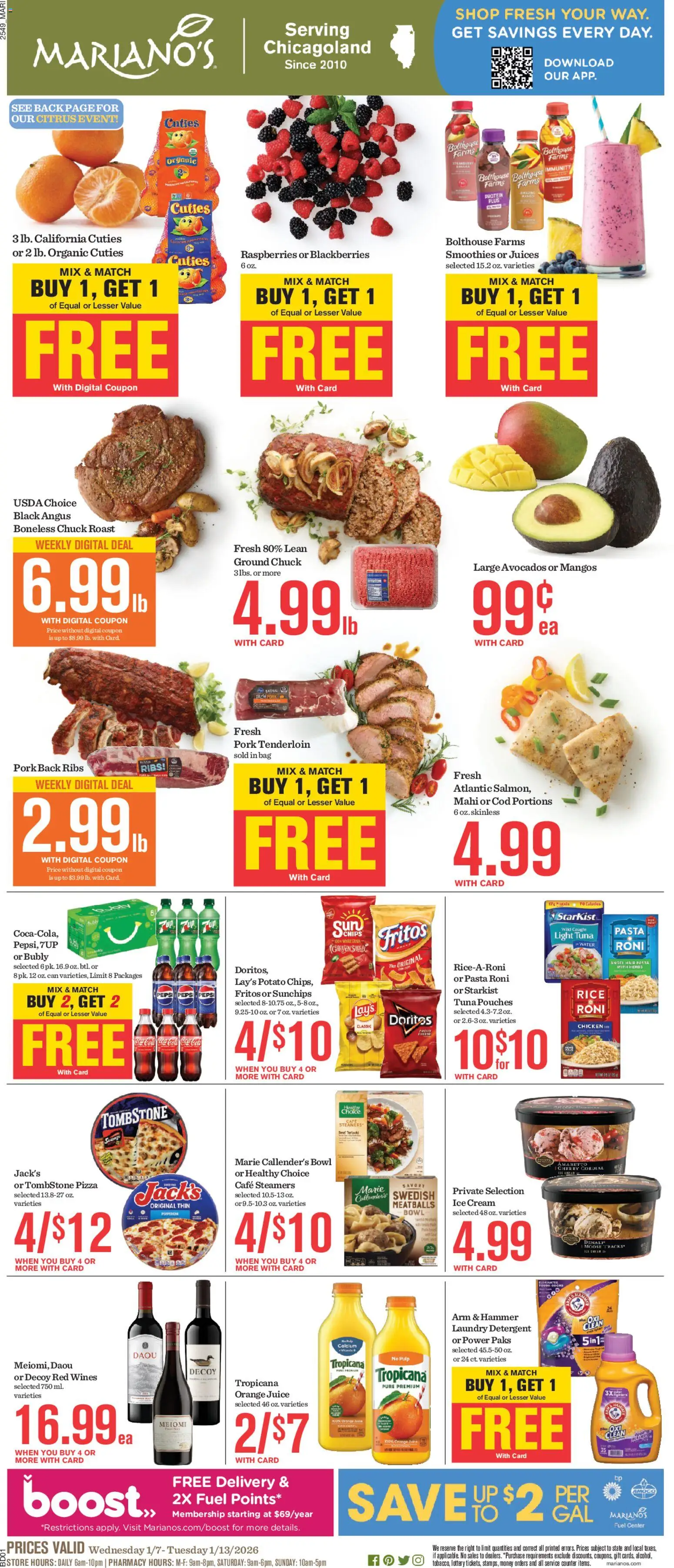 Mariano's Weekly Ad - valid from 07.01.2026 | Page: 1 | Products: Hammer, Pizza, Pork, Cream