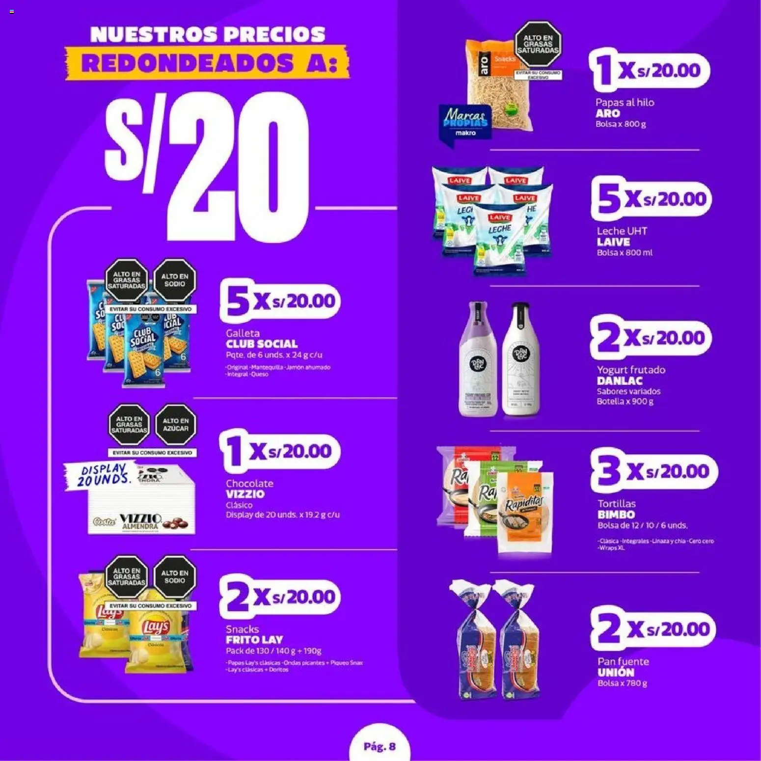 Catálogo Makro válido desde 23.04.2026 | Página: 8 | Productos: Leche, Yogurt, Pan, Papas