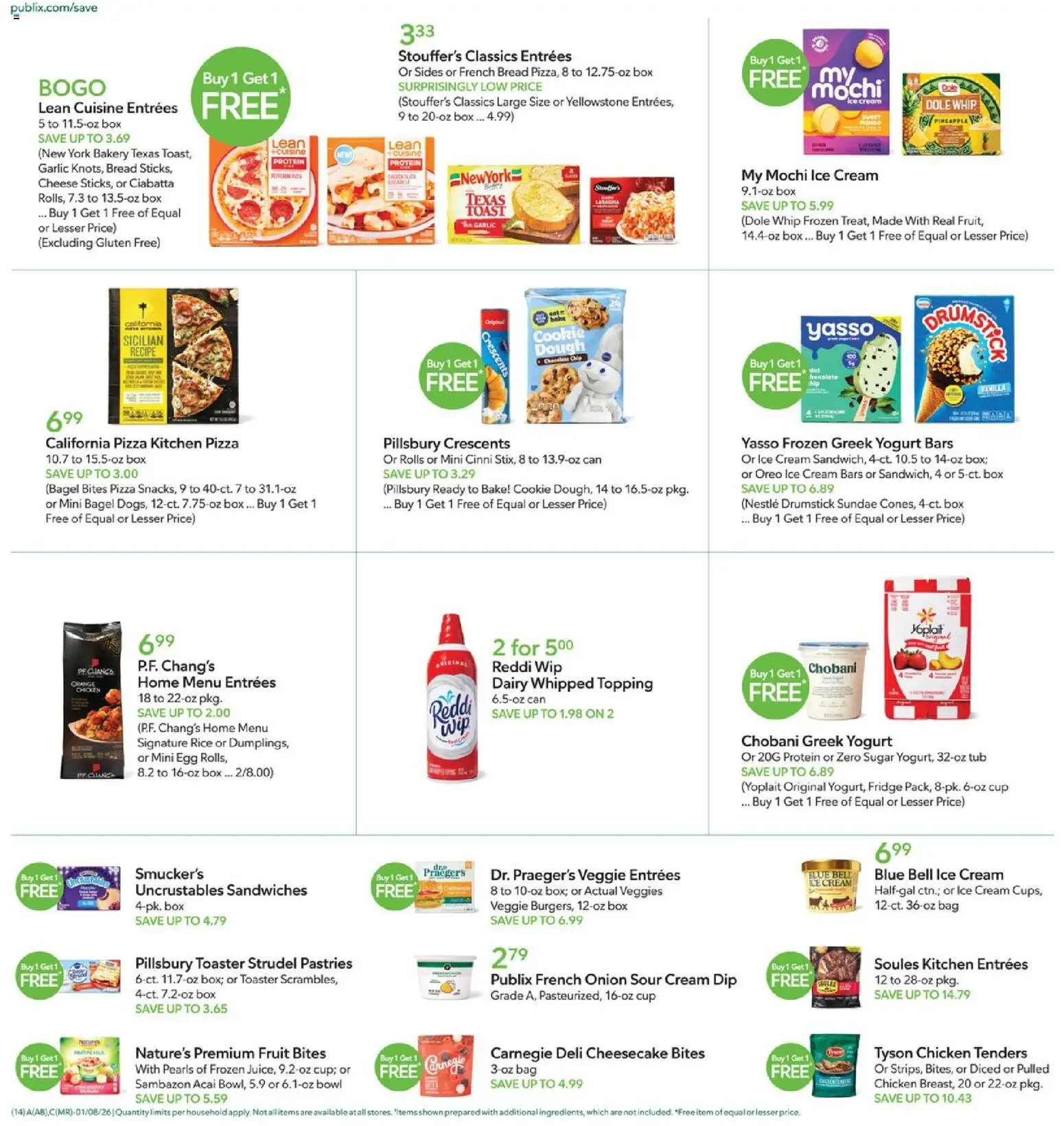 Publix Weekly Ad - valid from 07.01.2026 | Page: 14 | Products: Cheese, Bread, Pizza, Chocolate Chip
