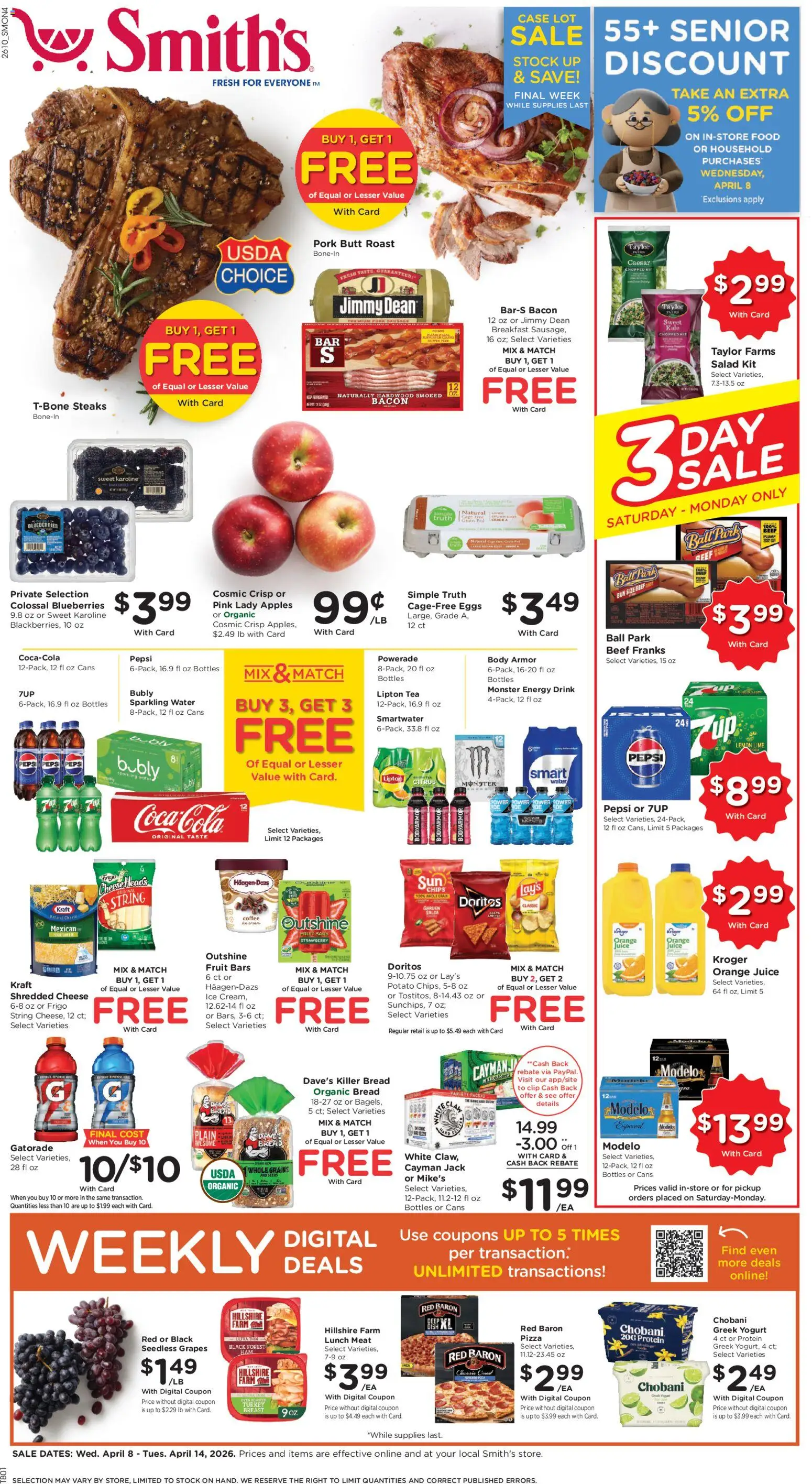 Smith's Weekly Ad - valid from 08.04.2026 | Page: 1 | Products: Yogurt, Pizza, Juice, Salad