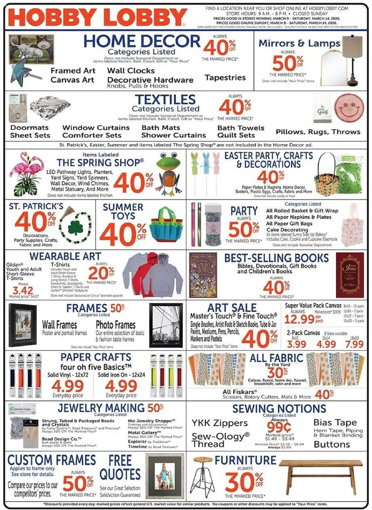 Hobby Lobby Weekly Ad - valid from 08.03.2026 | Page: 1 | Products: Table, Canvas, Cupcake, Comforter