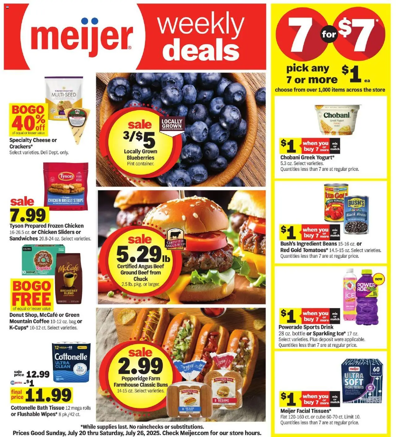 Meijer Weekly Ad - valid from 20.07.2025 | Page: 1 | Products: Cheese, Coffee, Blueberries, Bag