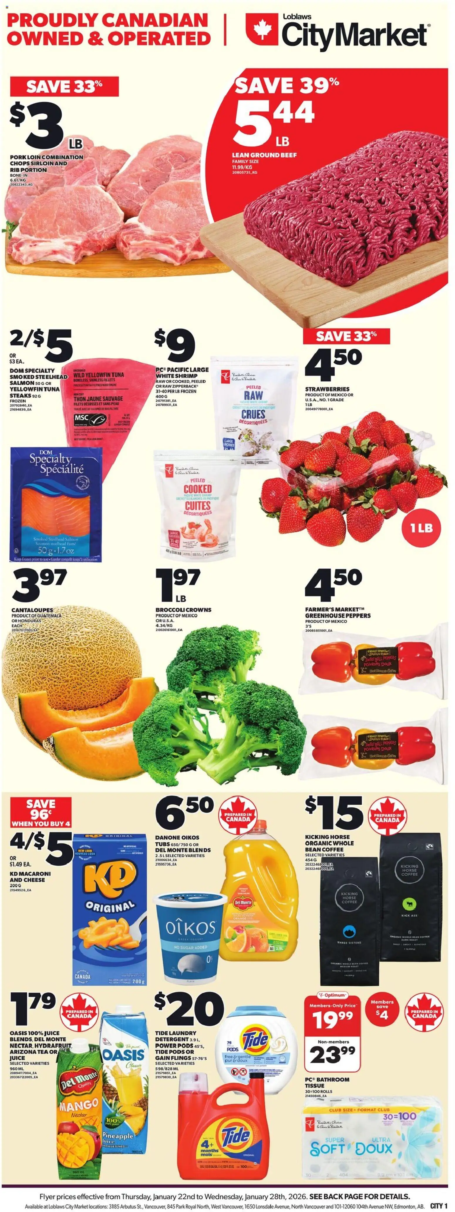 Loblaws flyer valid from 22.01.2026 | Page: 3 | Products: Pineapple, Strawberries, Detergent, Pork
