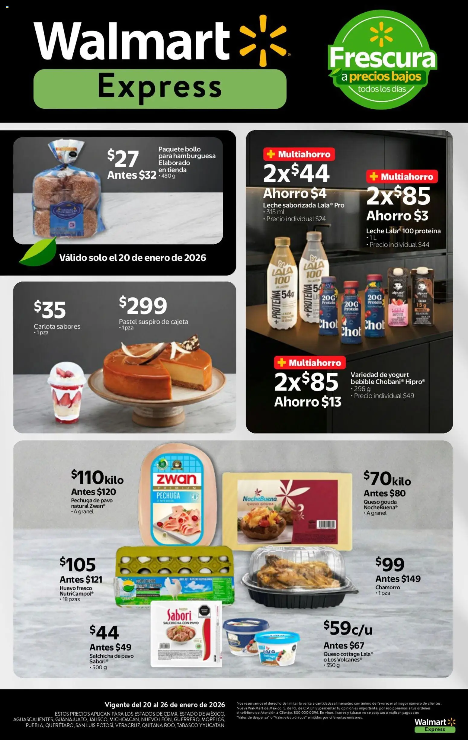 Nuevas ofertas de Walmart Express válidas en toda la República Mexicana desde el 20.01.2026. ¡Encuentra las mejores ofertas en Walmart Express folleto Frescura a precios bajos! | Página: 3 | Productos: Salchicha, Huevo, Queso cottage, Teléfono