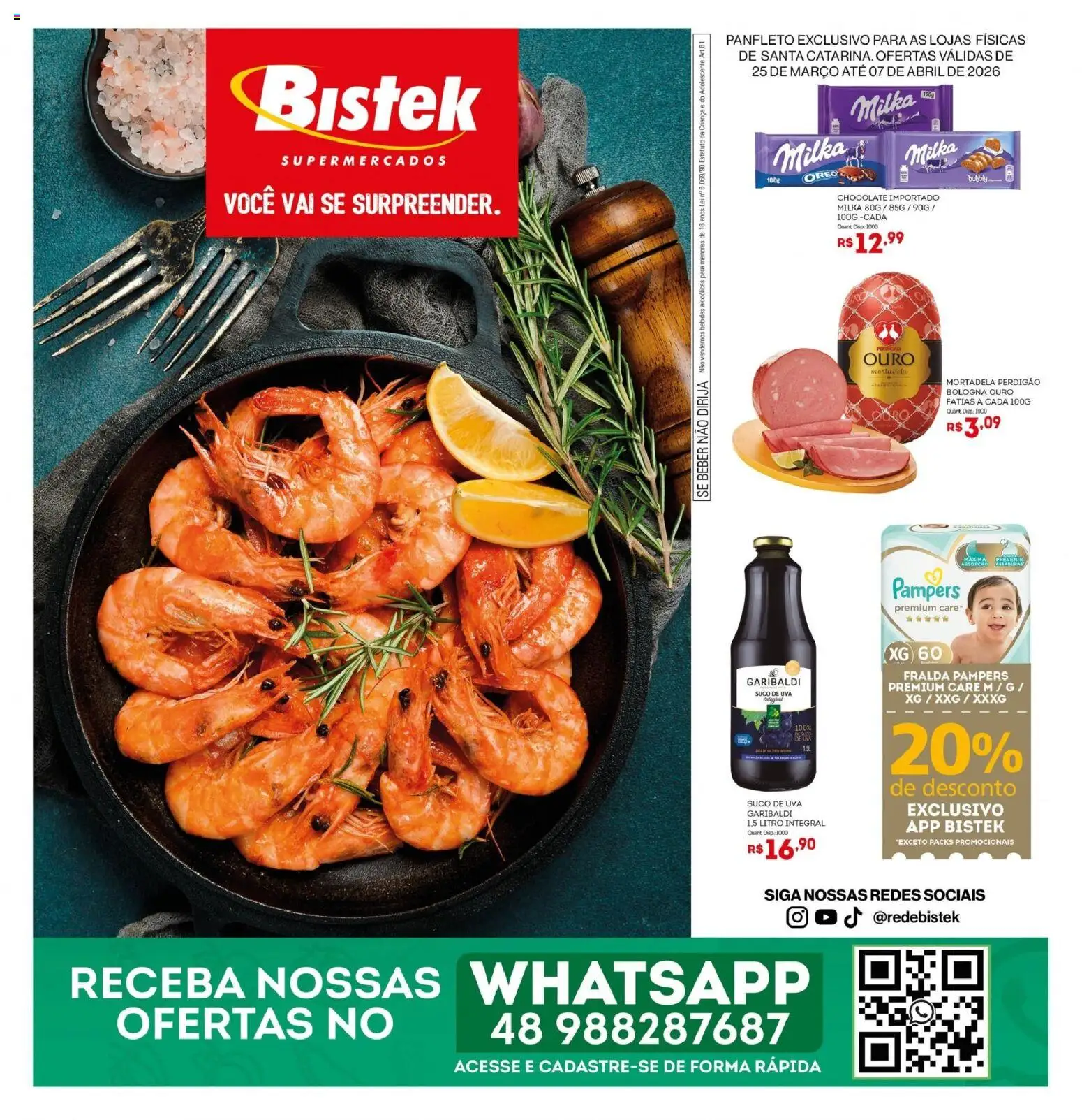 Bistek Supermercados Folheto - válido de 25.03.2026 | Página: 1 | Produtos: Fralda pampers, Chocolate, Suco, Mortadela