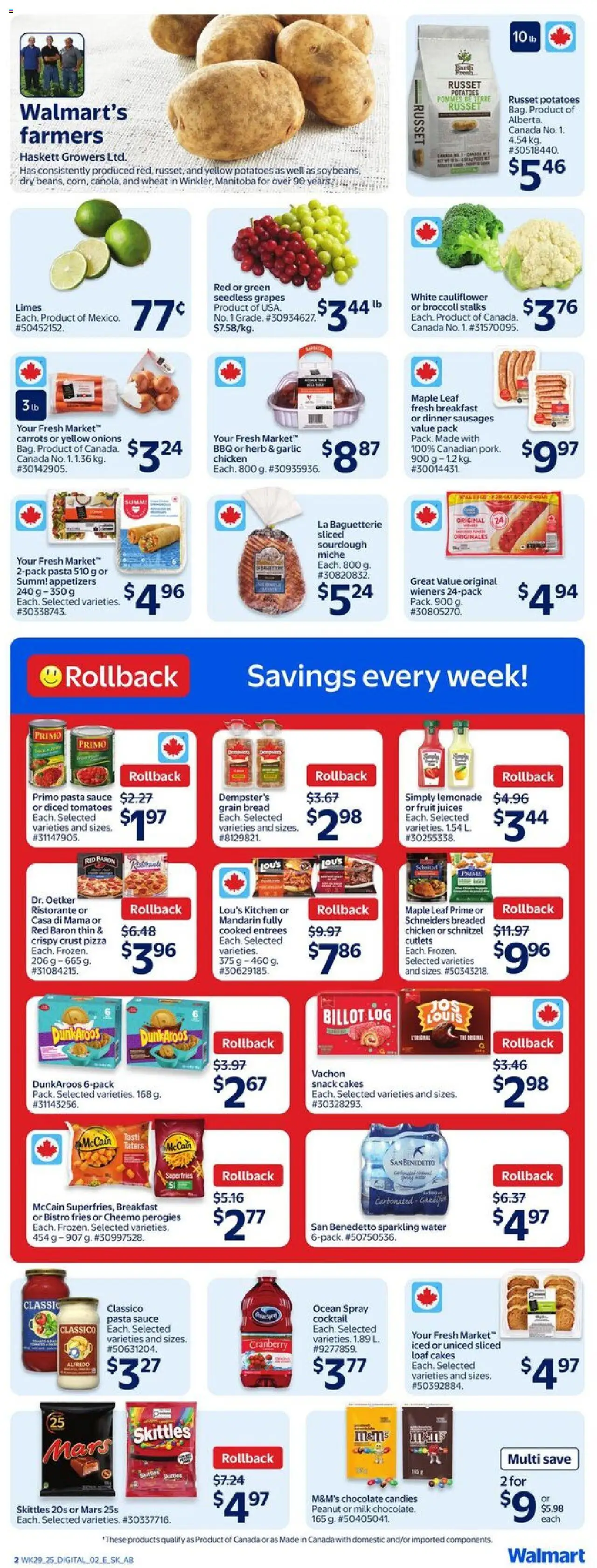 Walmart flyer valid from 14.08.2025 | Page: 3 | Products: Candies, Potatoes, Pizza, Chicken