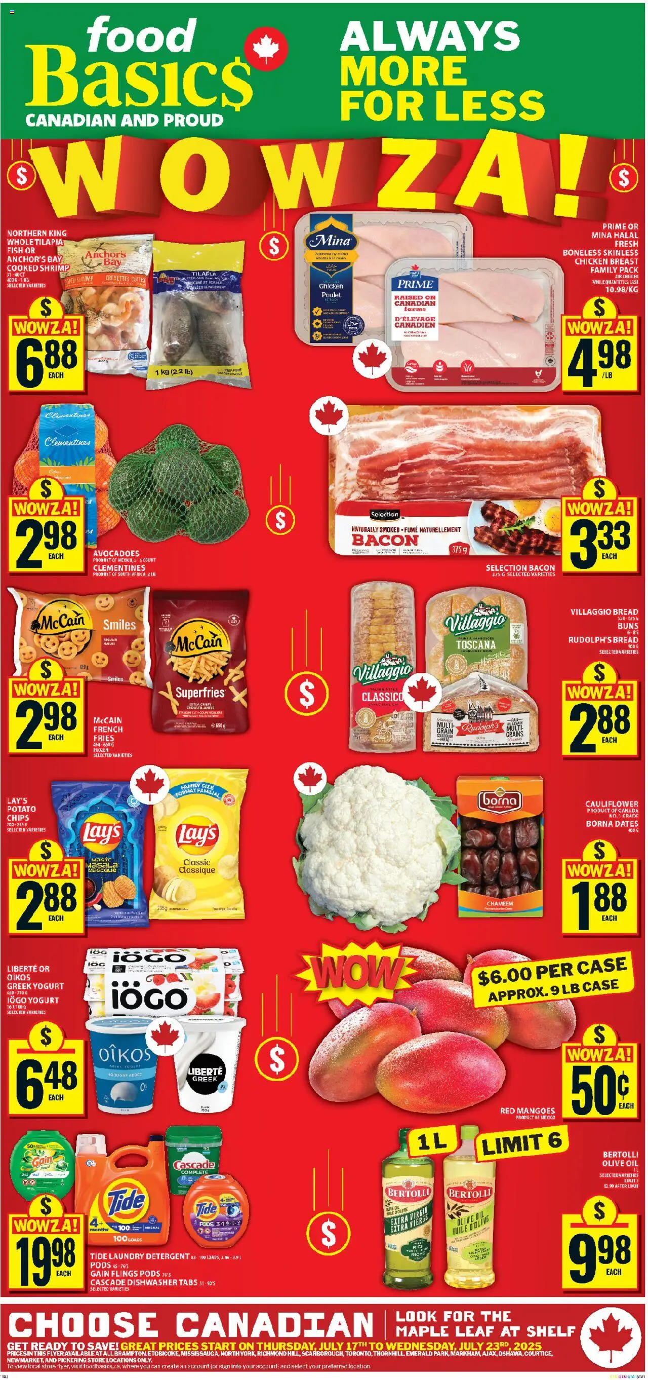 Food Basics flyer valid from 17.07.2025 | Page: 1 | Products: Chips, Case, Detergent, Bread
